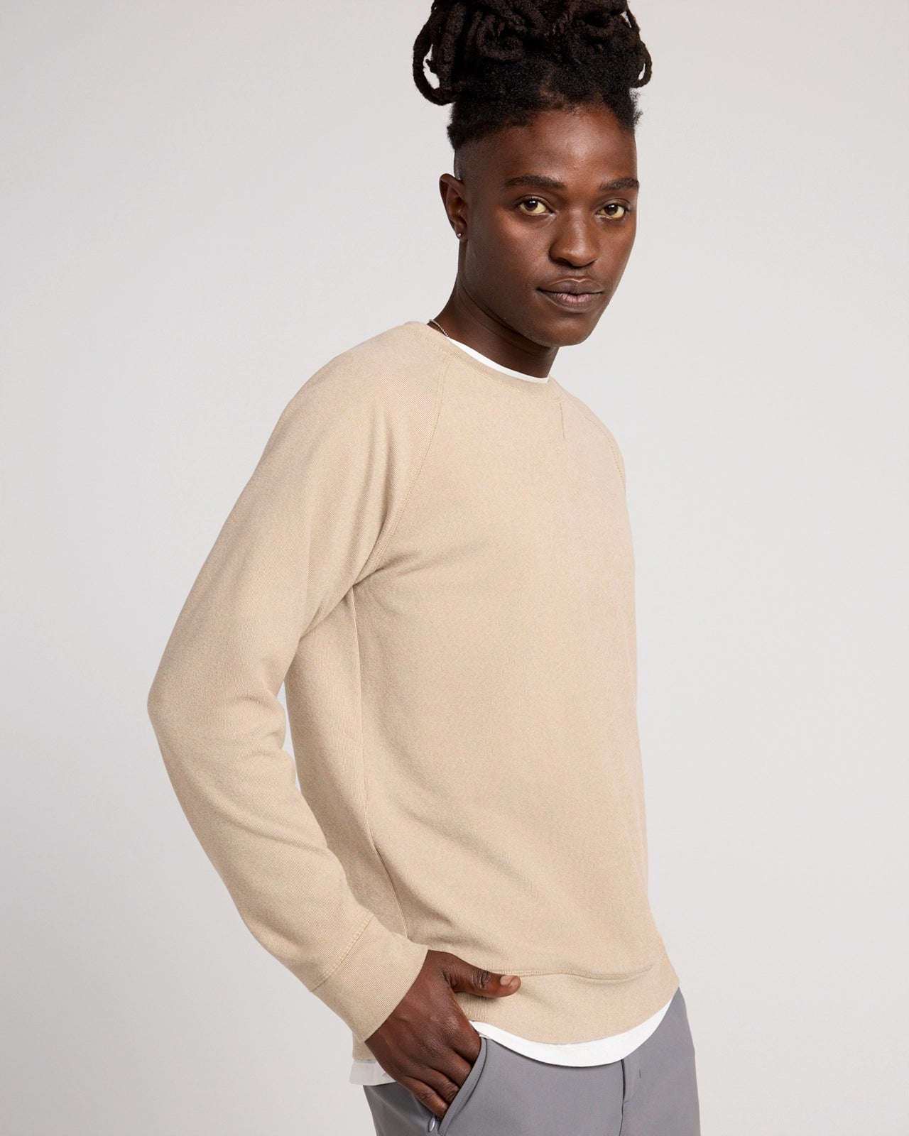 The Soft Luxe GRS Certified Recycled Poly Velour Rib Raglan Crew Sweatshirt - Humus Beige