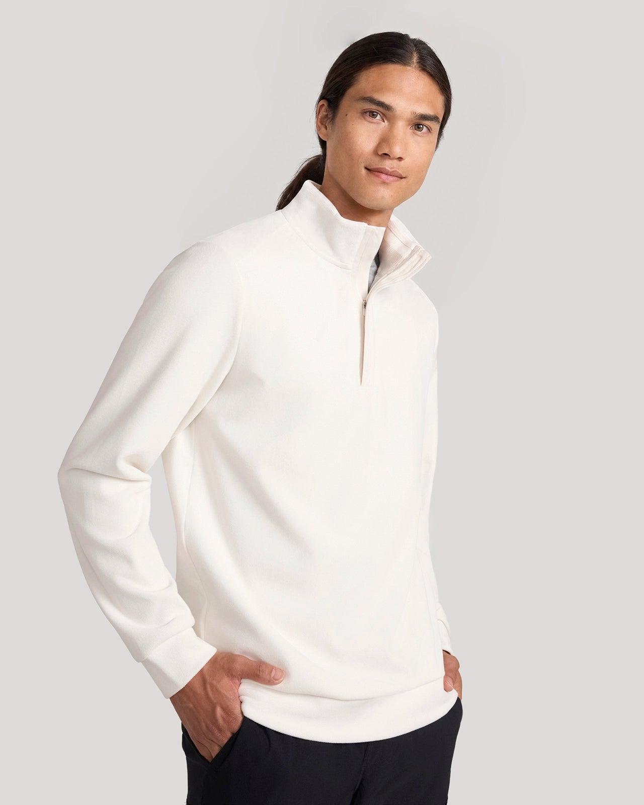 The Soft Luxe Twill Fleece Quarter-Zip Top - Beige White
