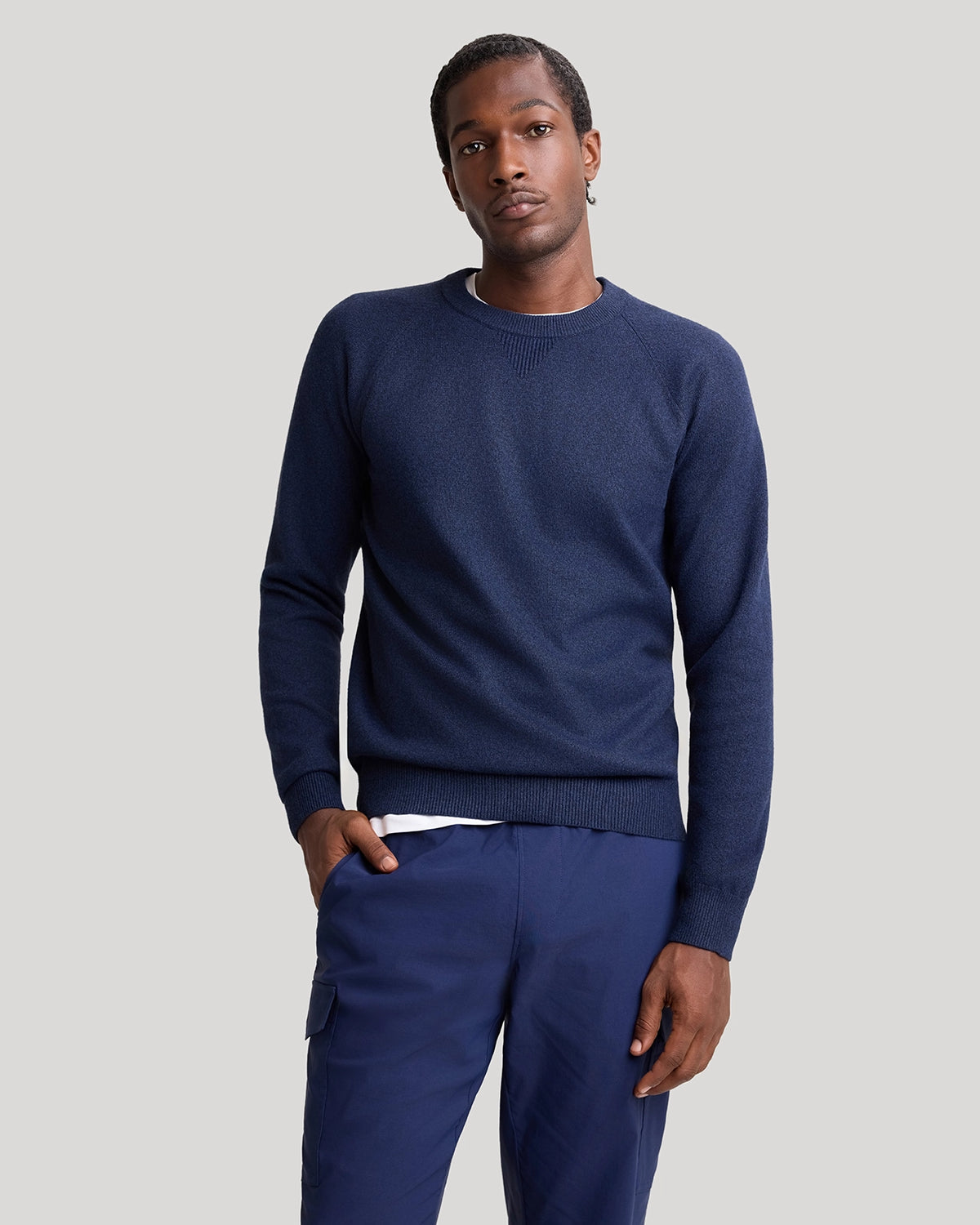 The Soft Luxe Tech Contrast Cuffs Crewneck Sweater - Navy