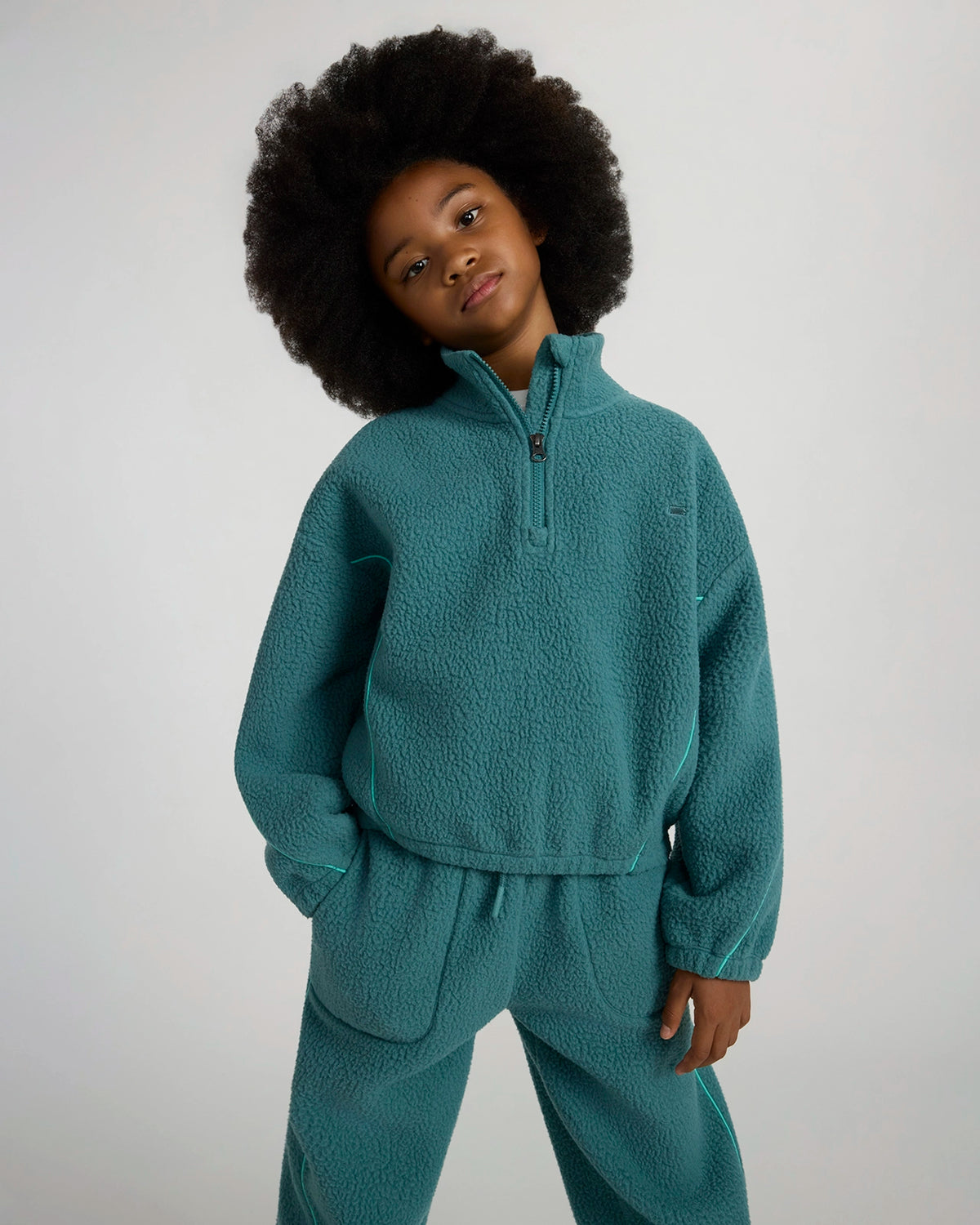 The Soft Luxe Berber Piping Quarter-Zip Top - Verdigris Green