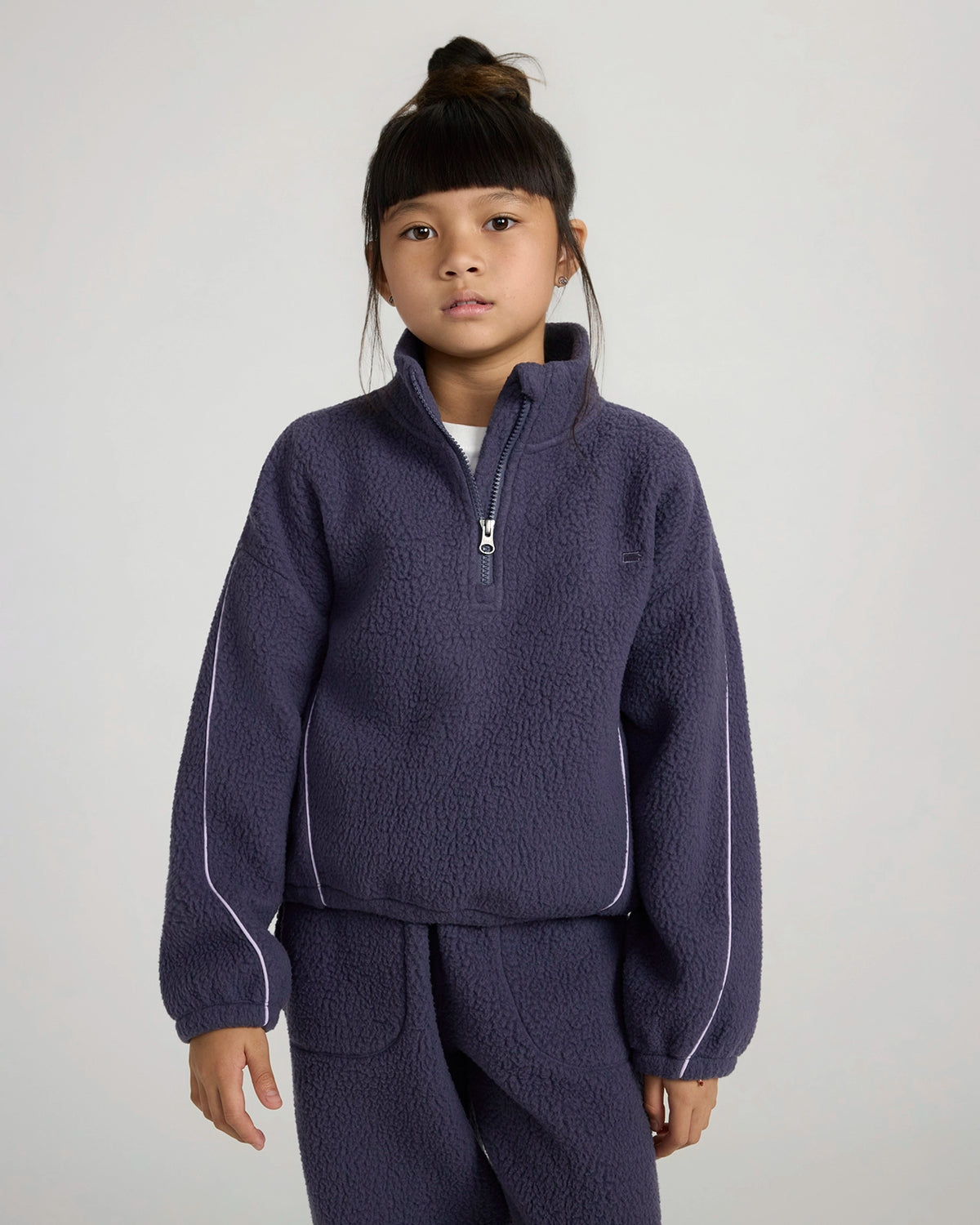 The Soft Luxe Berber Piping Quarter-Zip Top - Purplish Grey