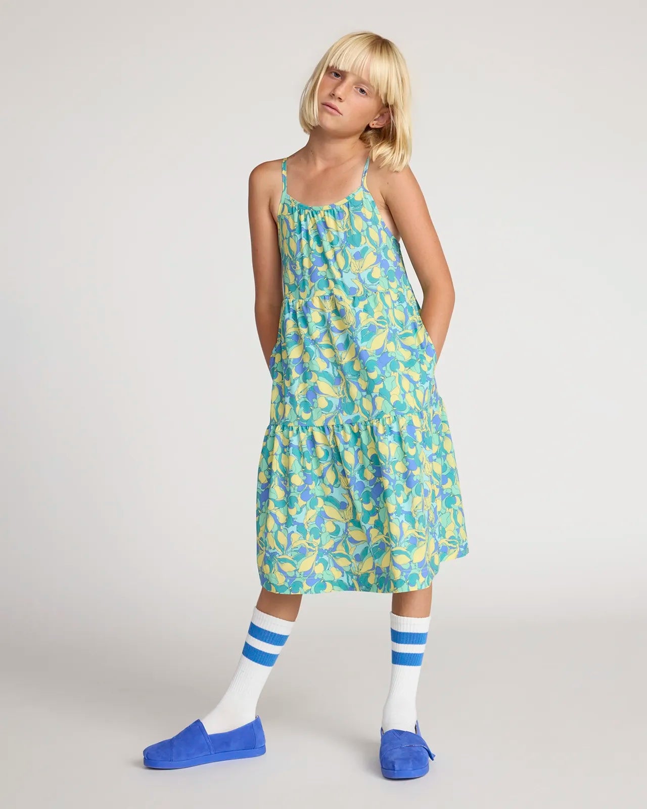 Girl's Three Tier Dress - Floral Print Yellow
