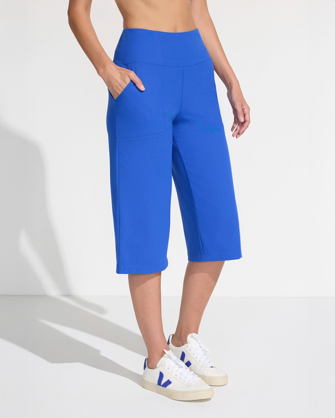 The Soft Luxe Ribbed GRS Certified Recycled Nylon Capri Pant - Surf the Web Blue