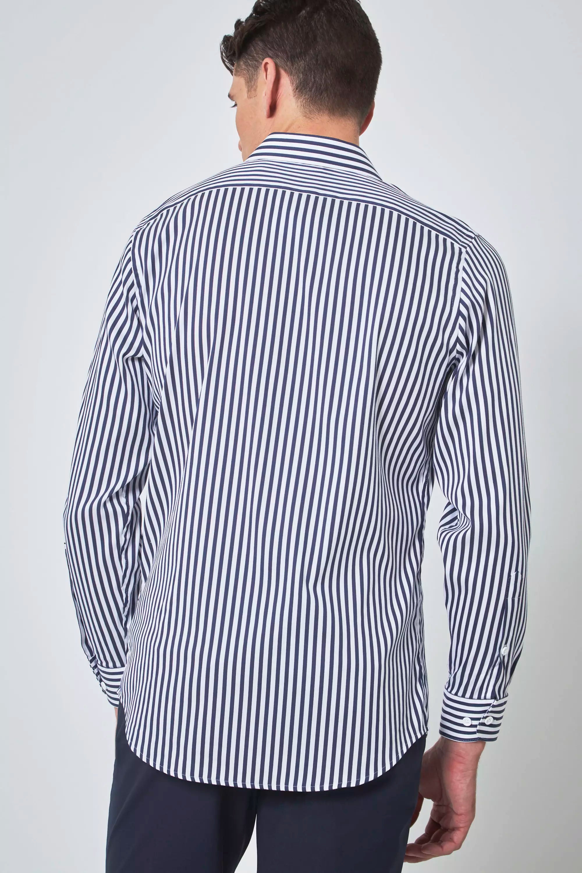 PerformLuxe Cotton Nylon Stripe Standard-Fit Shirt - Navy/Stripe