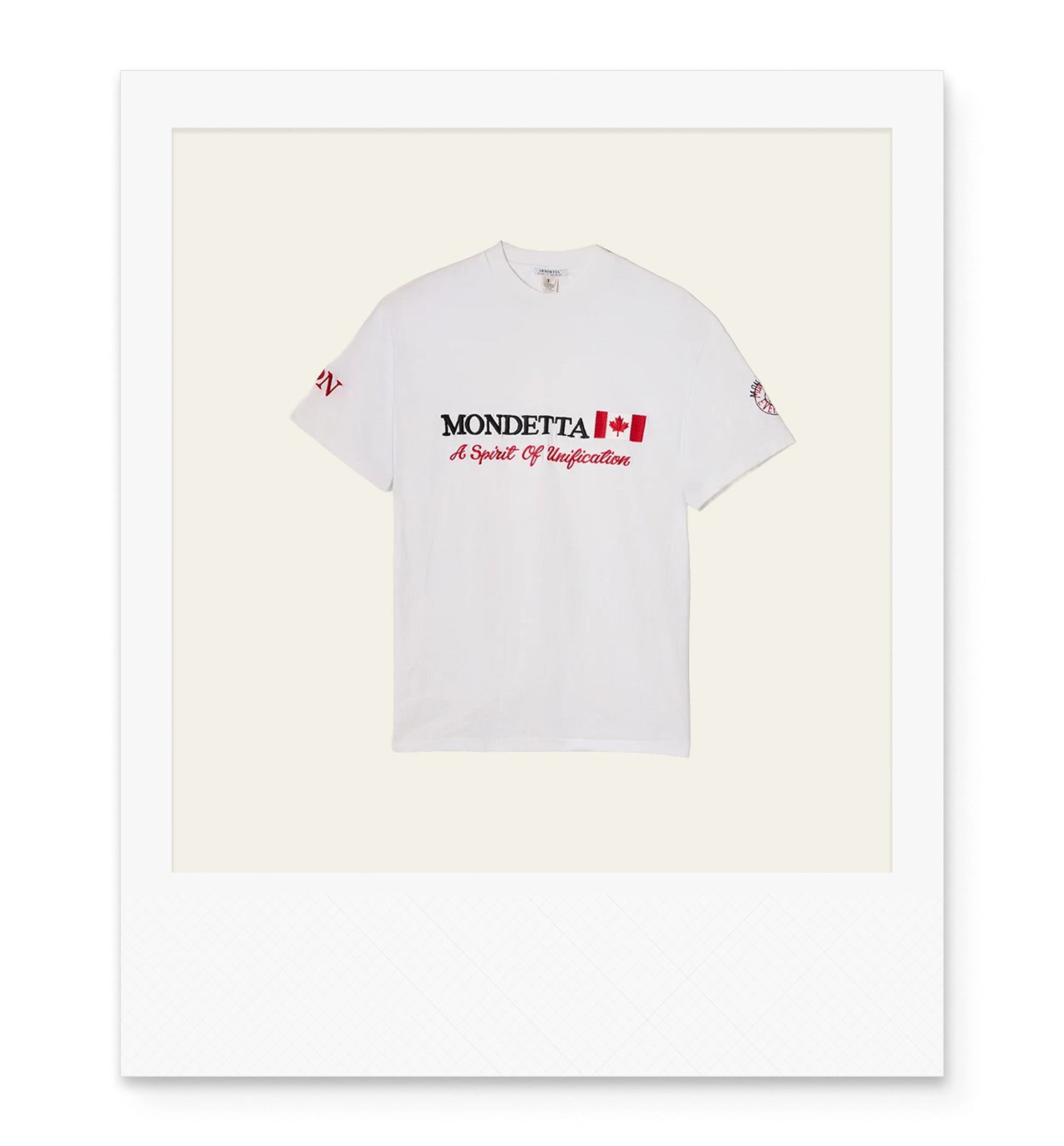 White t-shirt with 'Mondetta' logo and 'A Spirit of Unification' on the chest.