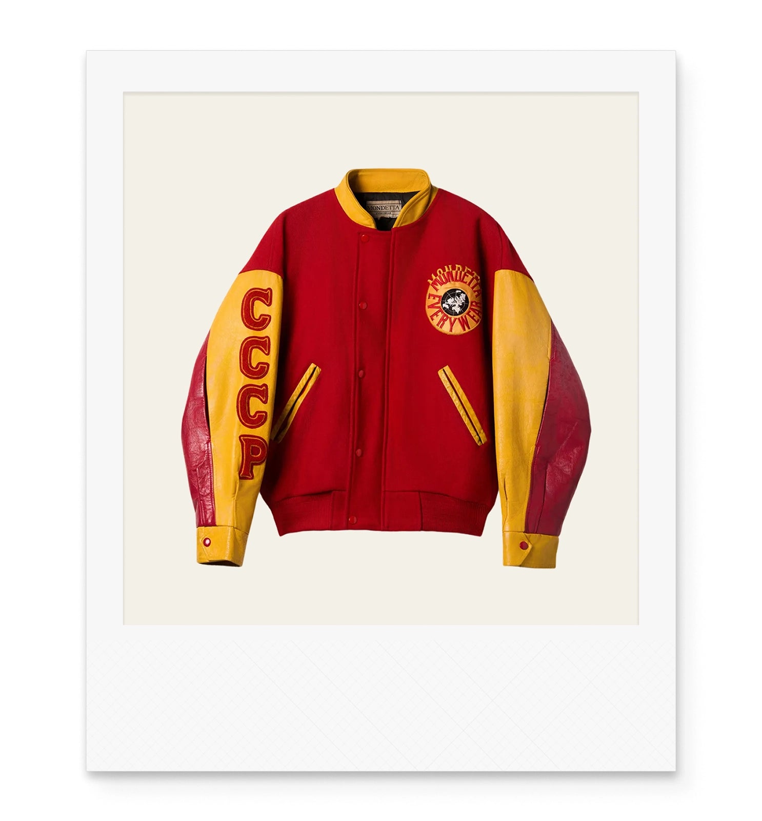 Red and yellow bomber varsity jacket with 'CCCP' down the arm and a Mondetta Everywear emblem on the front left chest.