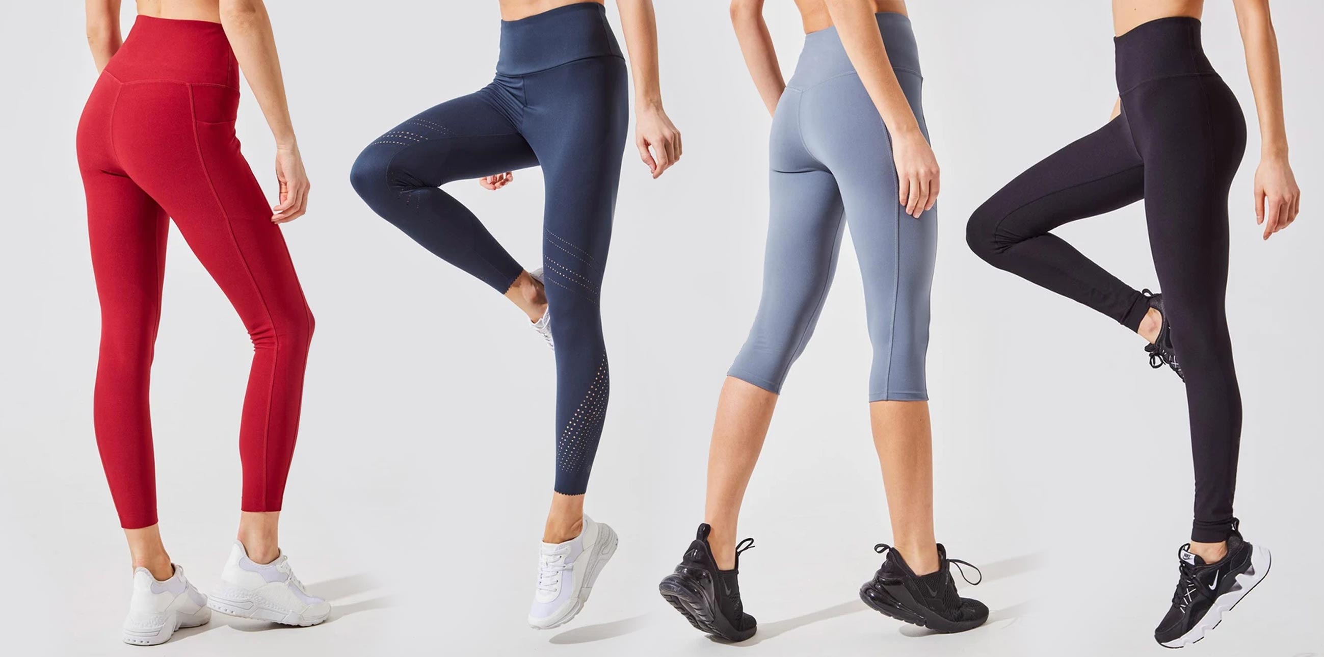 Four different types of MPG leggings in multiple colors