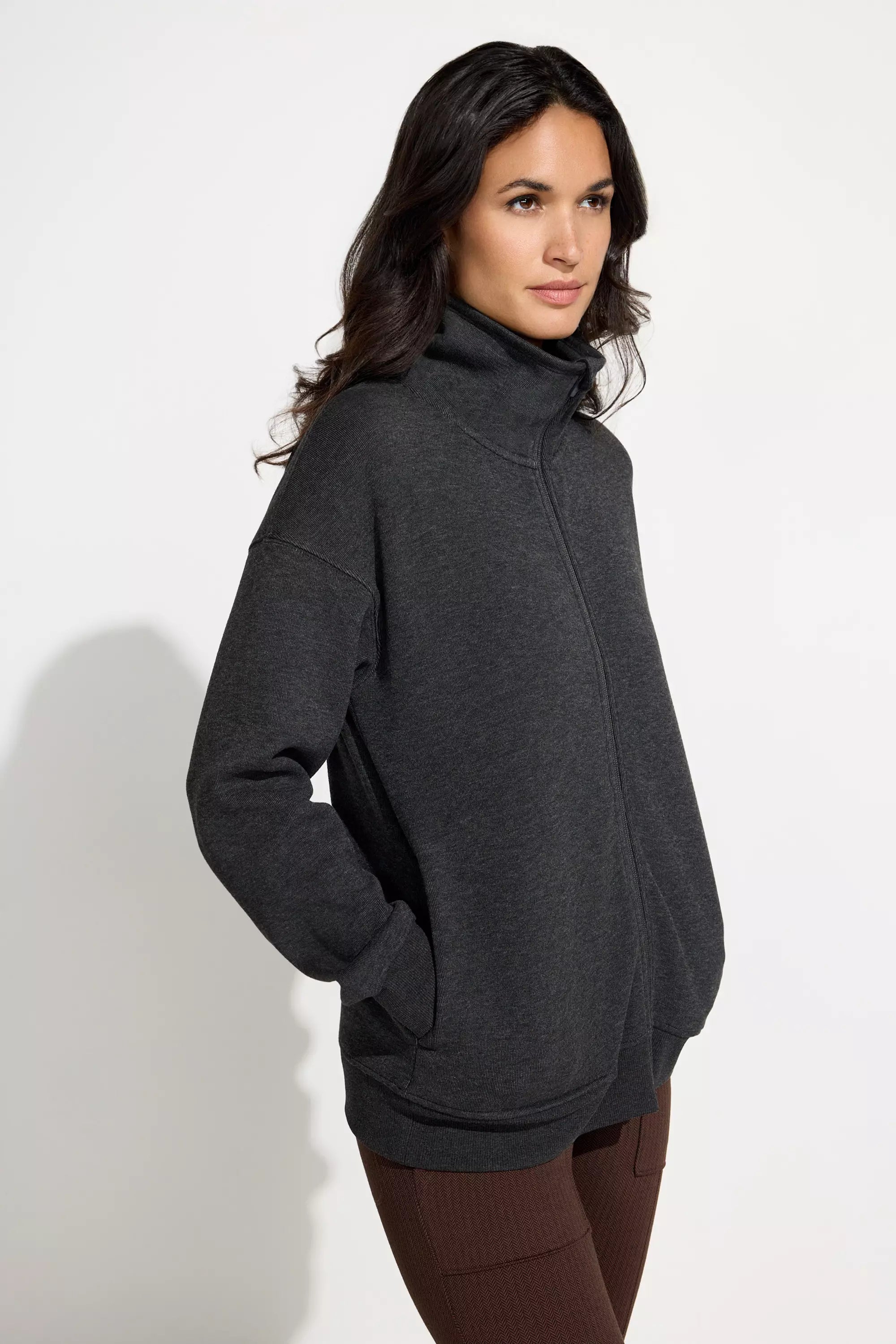 Full Zip Fleece Top - Heather Black