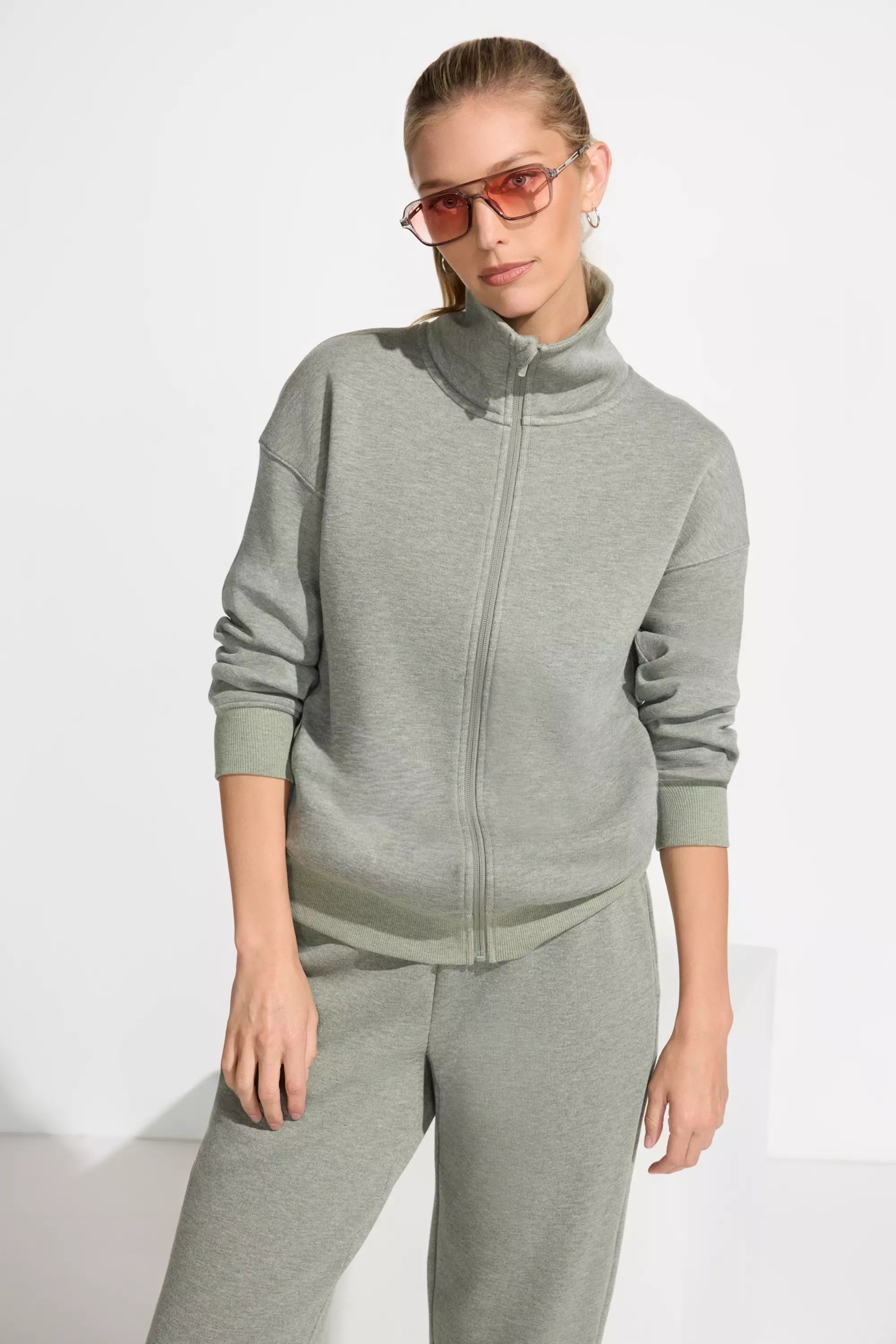 Full Zip Fleece Top - Heather Green