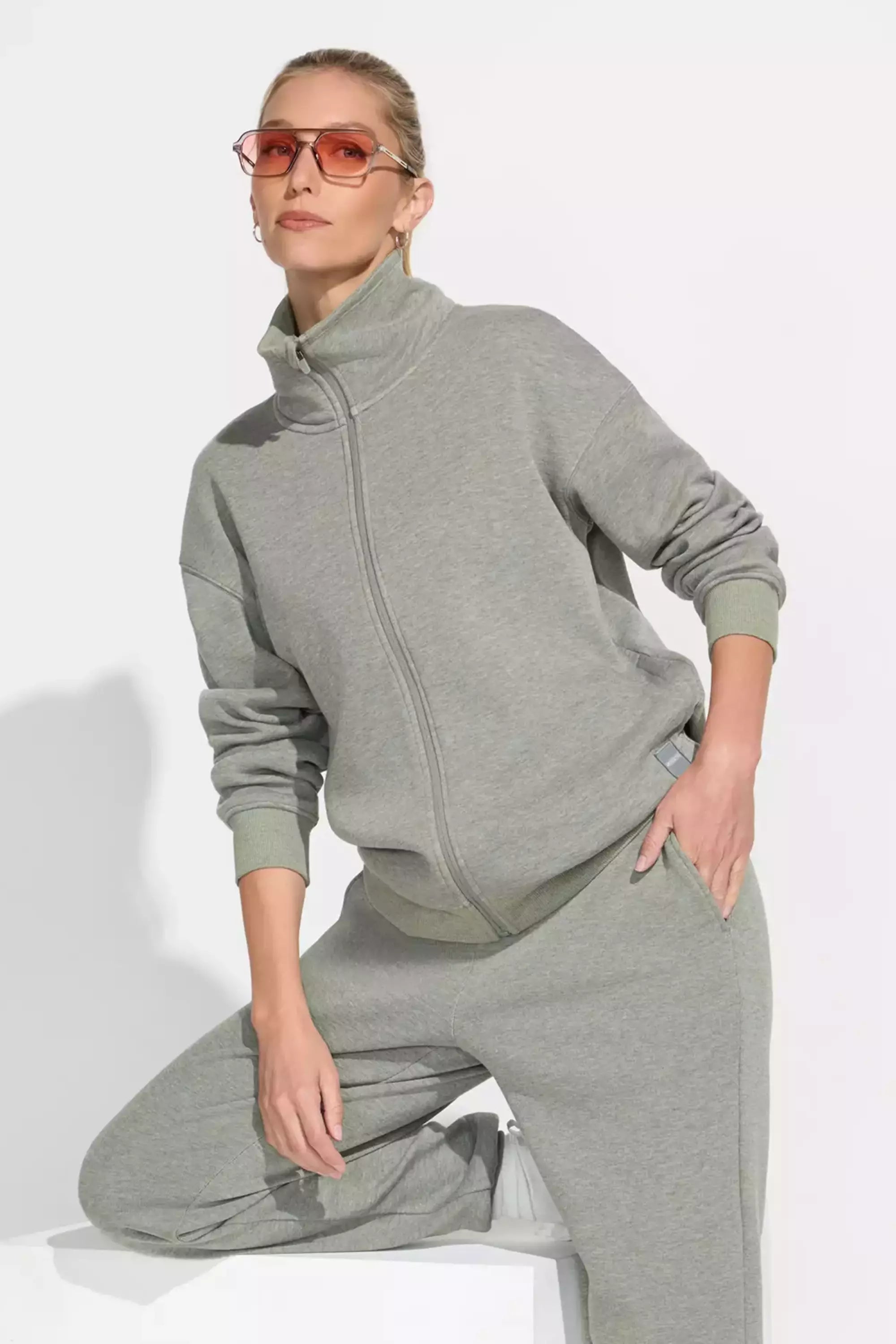 Full Zip Fleece Top - Heather Green