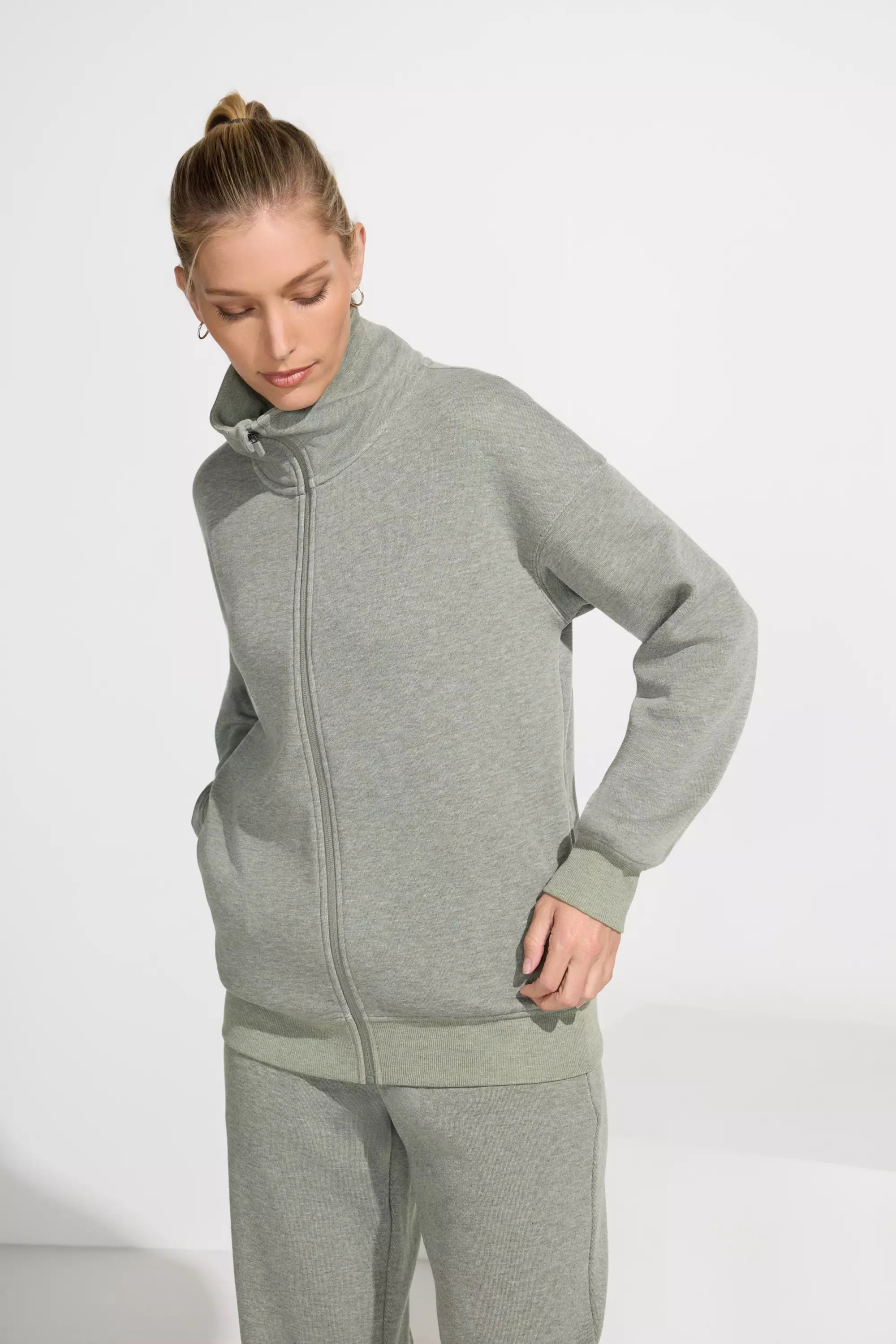 Full Zip Fleece Top - Heather Green