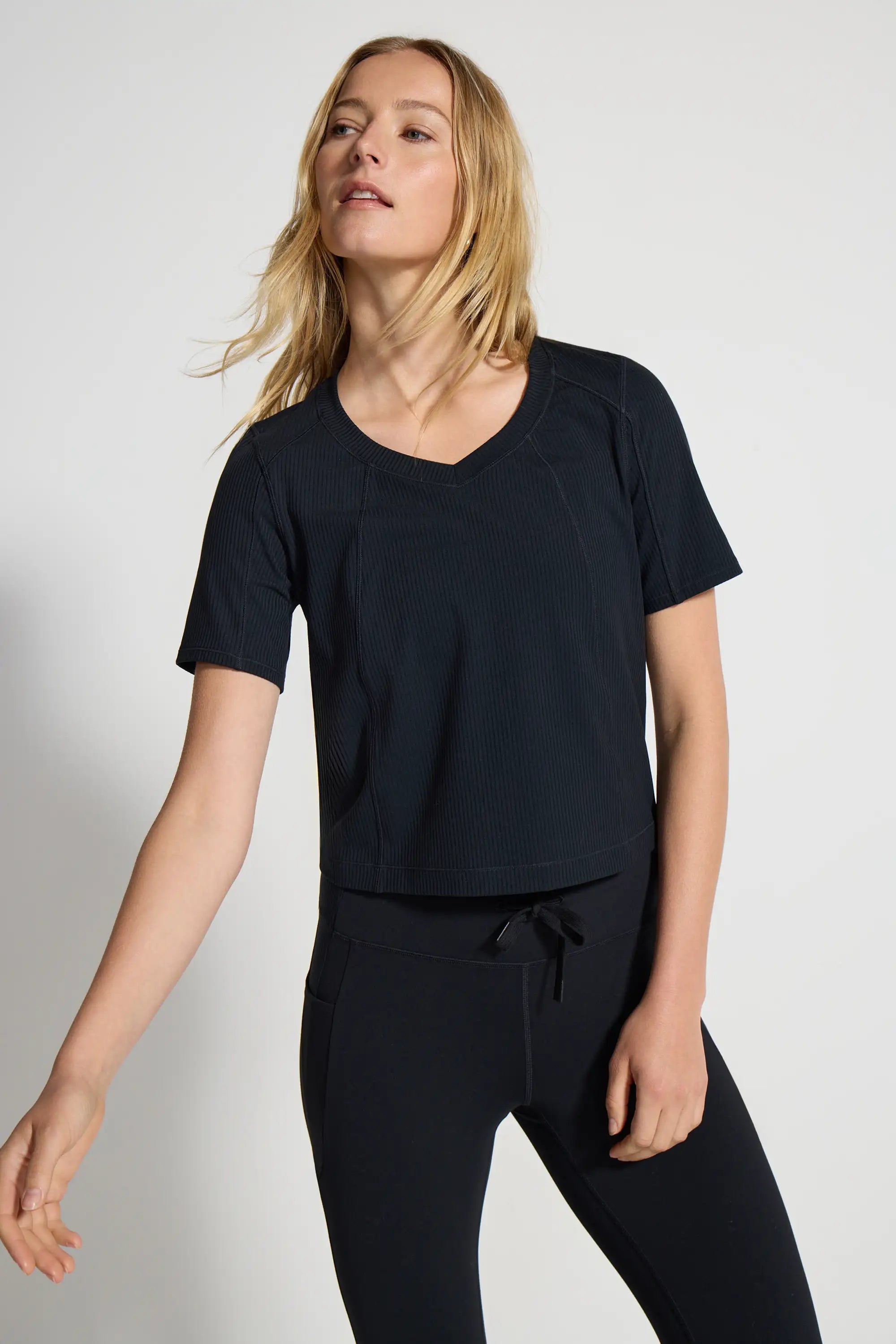 Ribbed Short Sleeve Top - Black