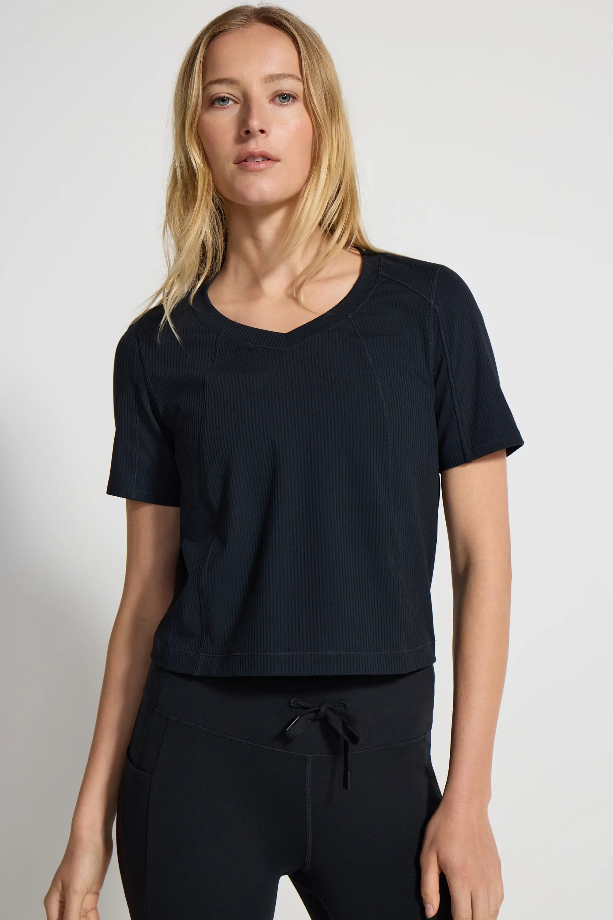 Ribbed Short Sleeve Top - Black