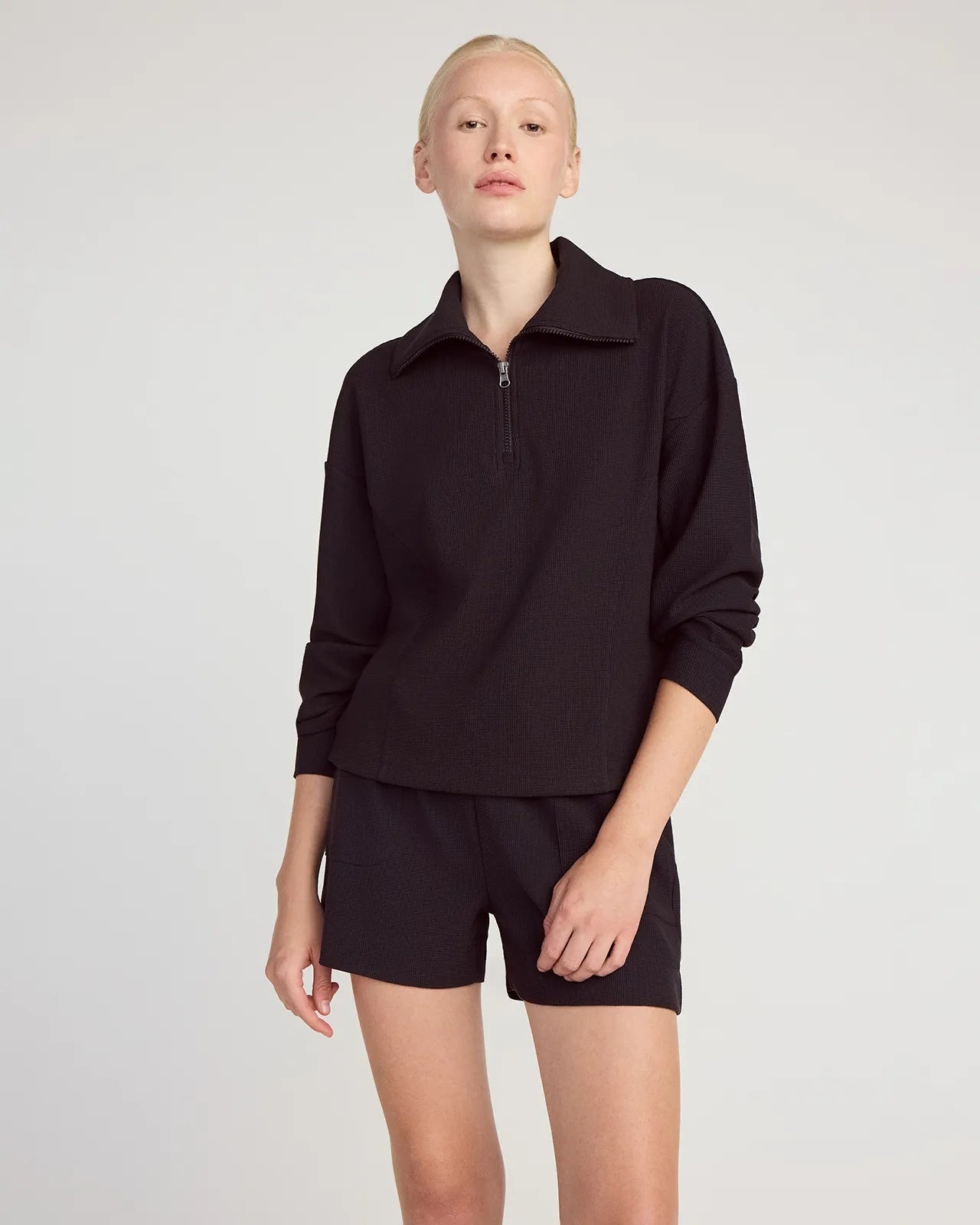 The Soft Luxe  GRS Certified Recycled Polyester Waffle 1/4 Zip - Black