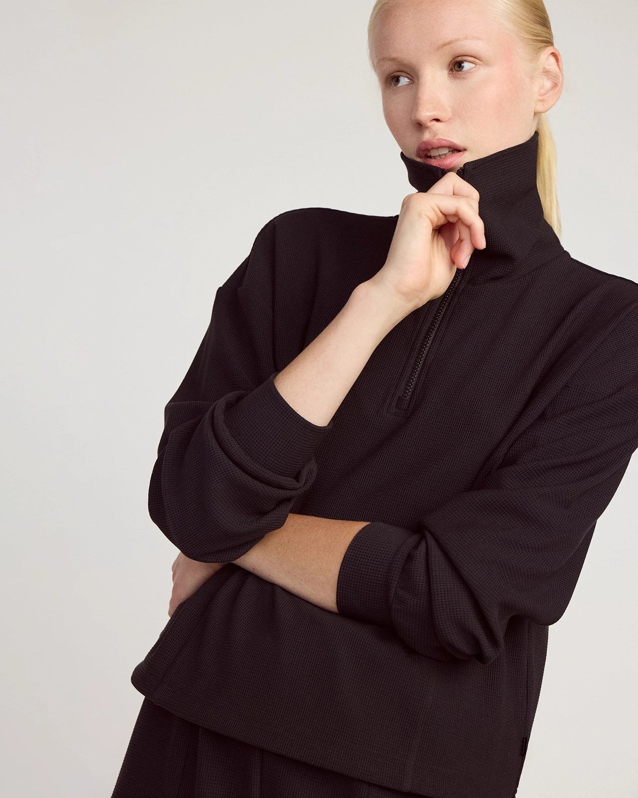 The Soft Luxe  GRS Certified Recycled Polyester Waffle 1/4 Zip - Black