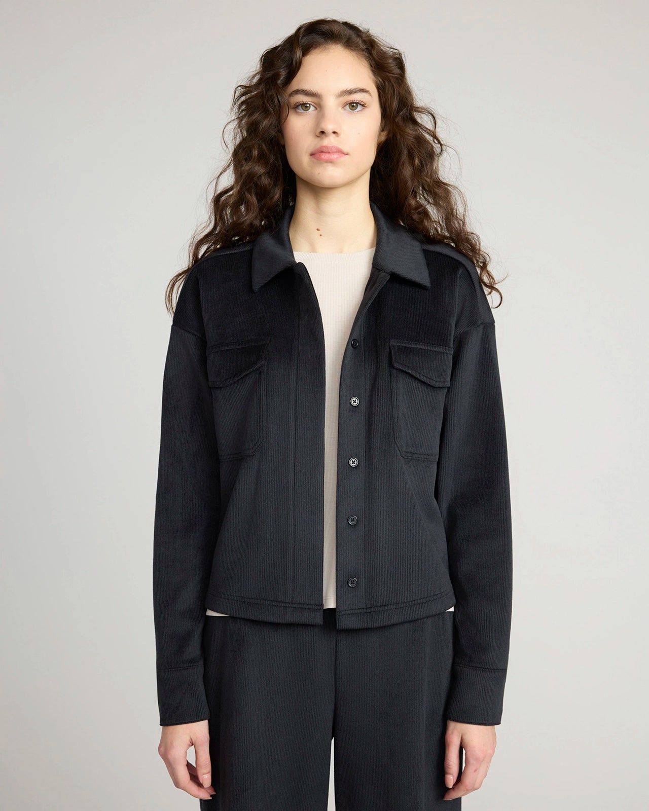 The Warm Stretch GRS Certified Recycled Poly Cropped Corduroy Shirt - Black