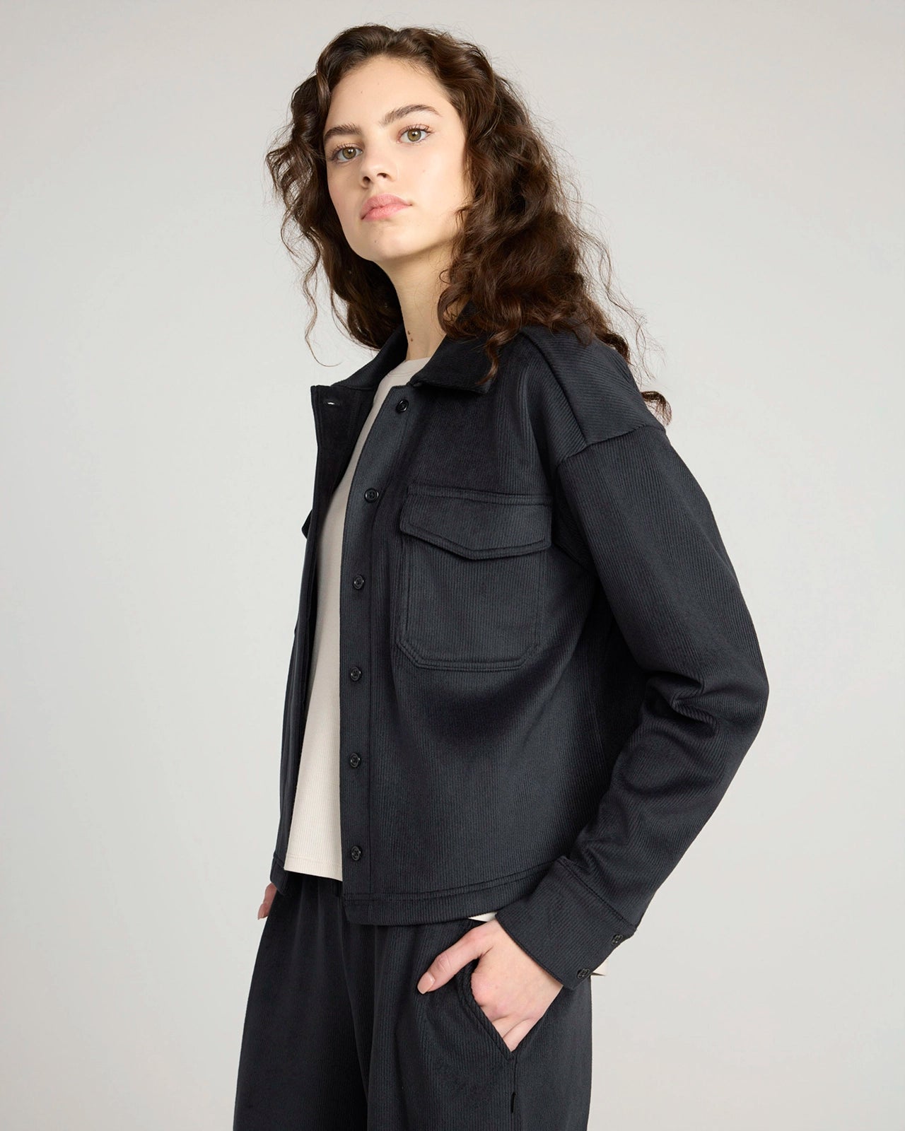 The Warm Stretch GRS Certified Recycled Poly Cropped Corduroy Shirt - Black