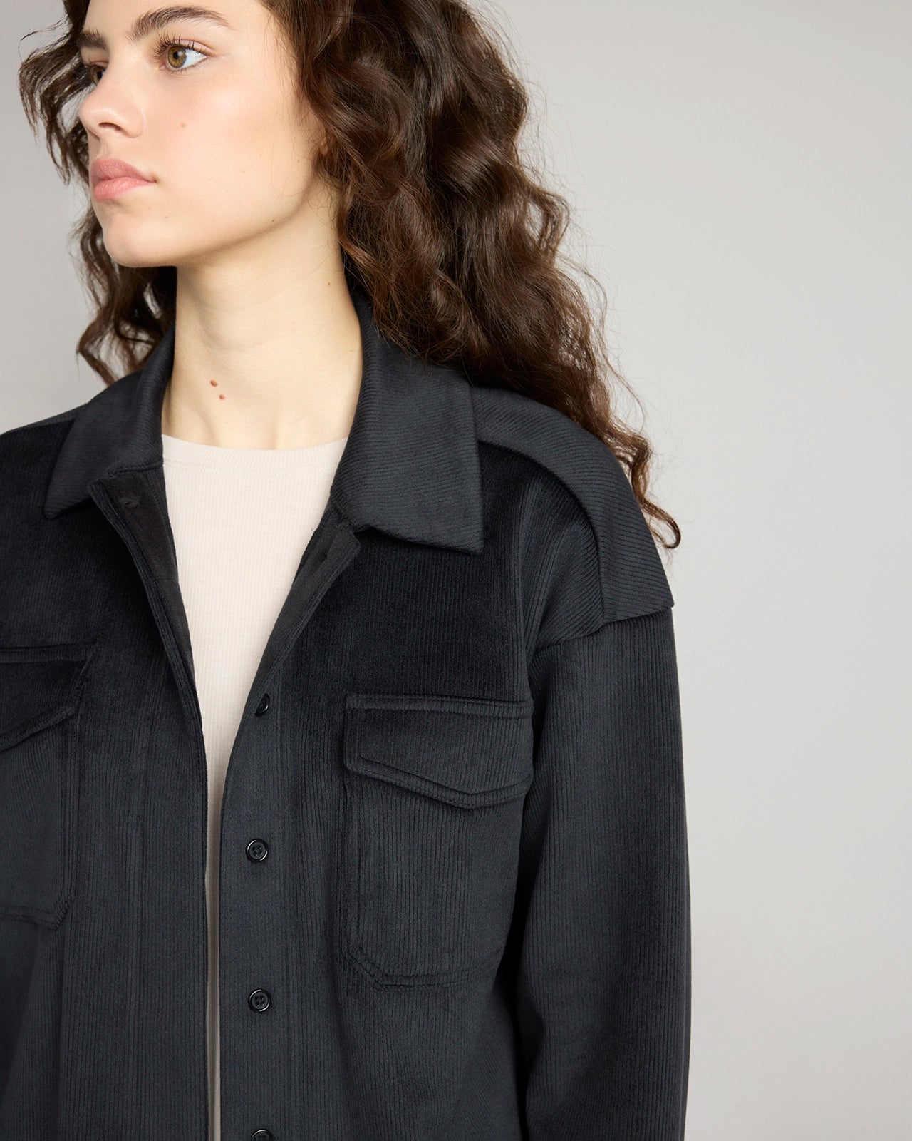 The Warm Stretch GRS Certified Recycled Poly Cropped Corduroy Shirt - Black