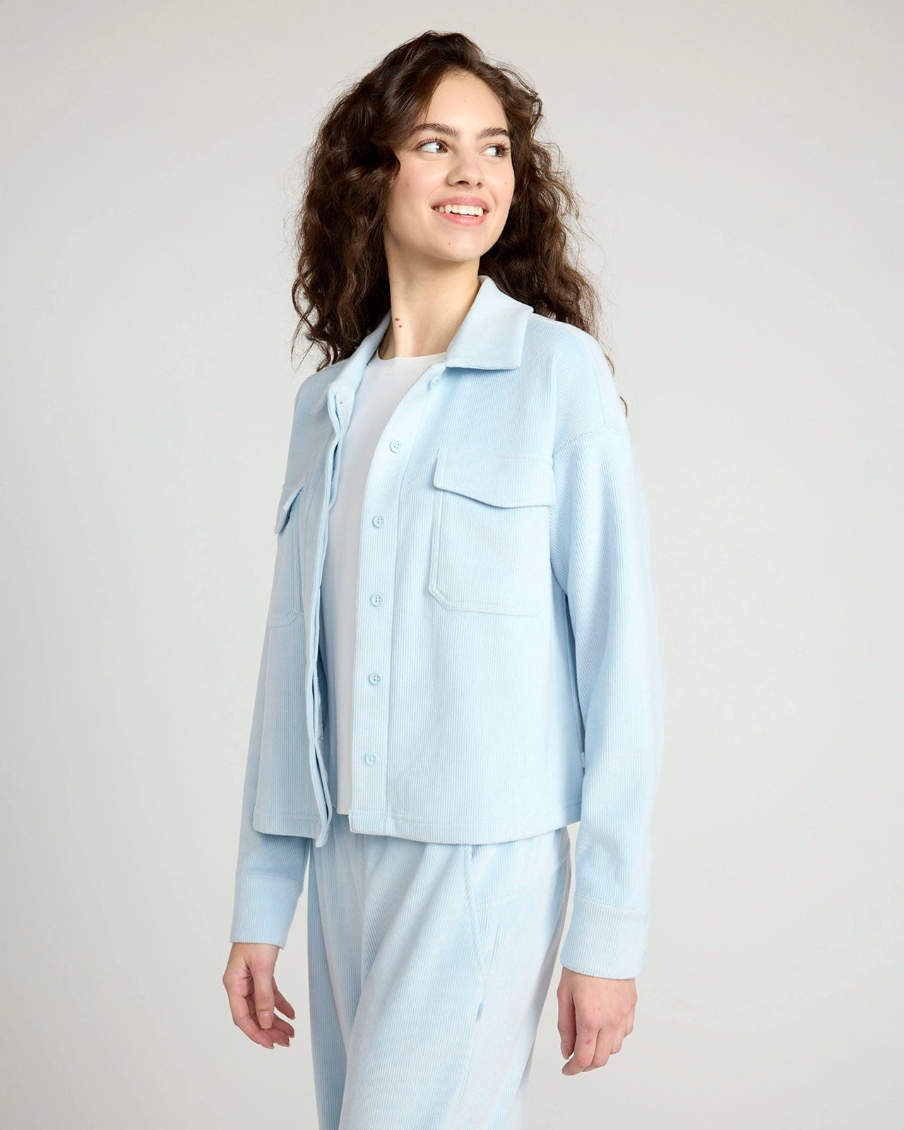 The Warm Stretch GRS Certified Recycled Poly Cropped Corduroy Shirt - Light Blue