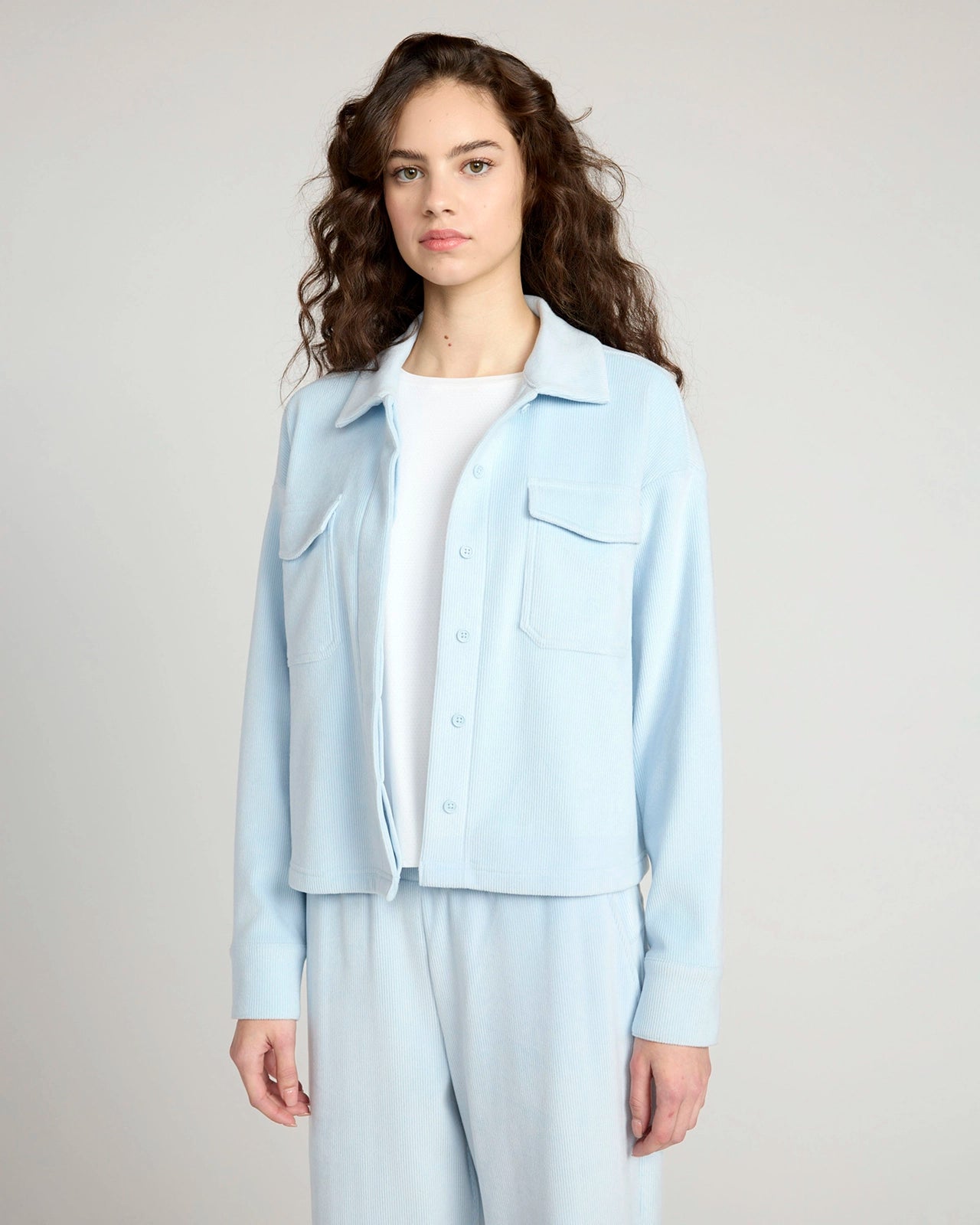 The Warm Stretch GRS Certified Recycled Poly Cropped Corduroy Shirt - Light Blue