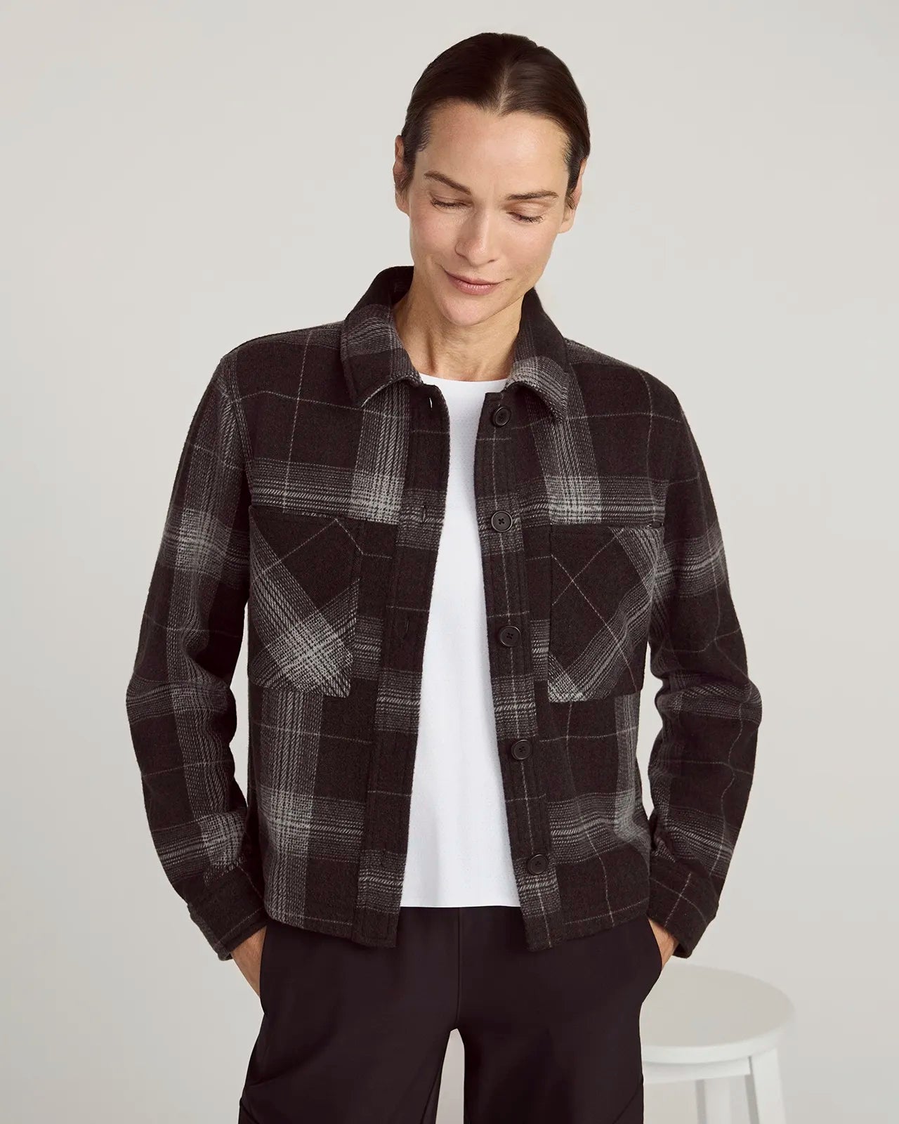 The On-the-Go GRS Certified Recycled Polyester Cropped Jacket - Black Plaid