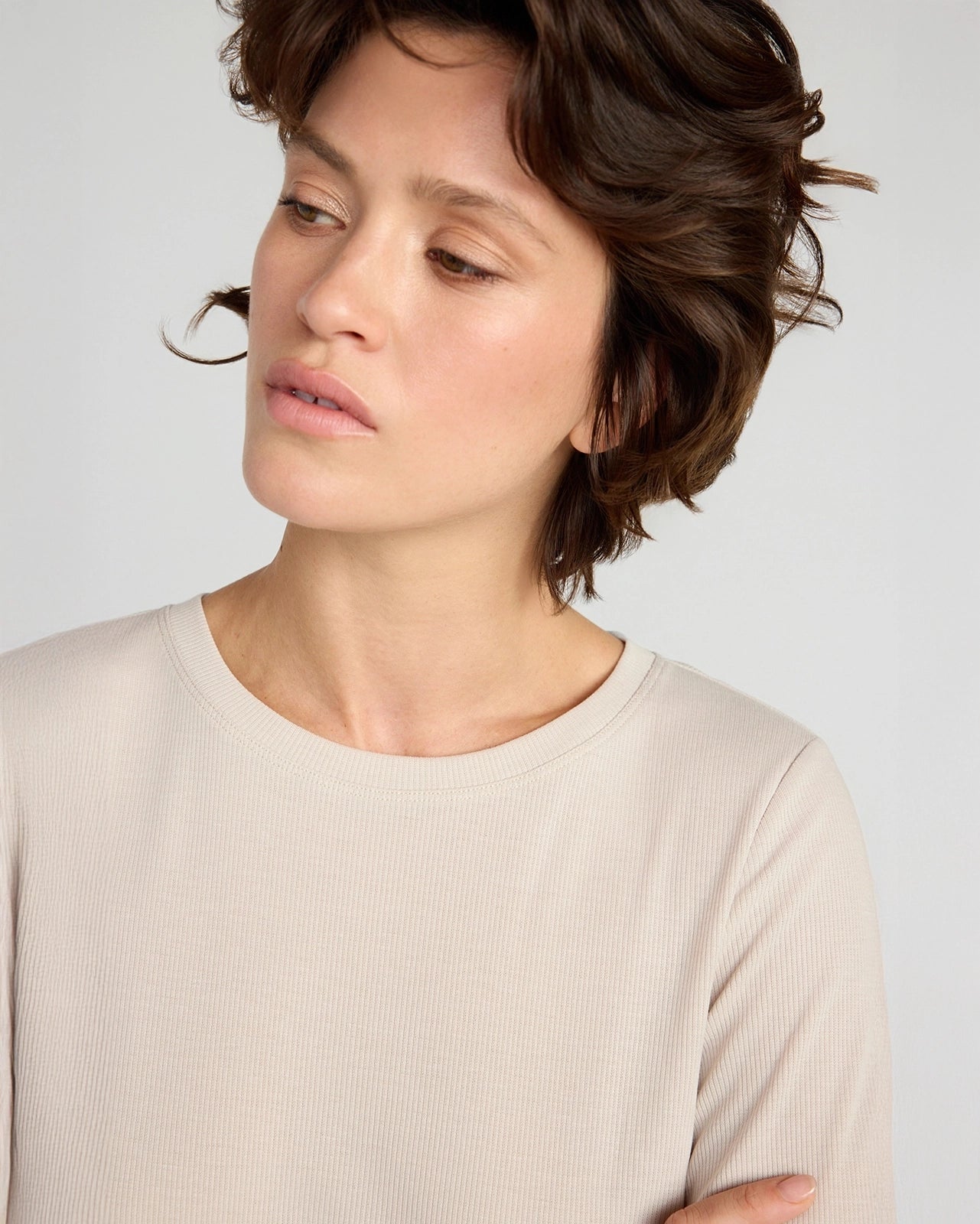 The Soft Ribbed GRS Certified Recycled Poly + TENCEL™ Modal Long Sleeve - Tan Beige