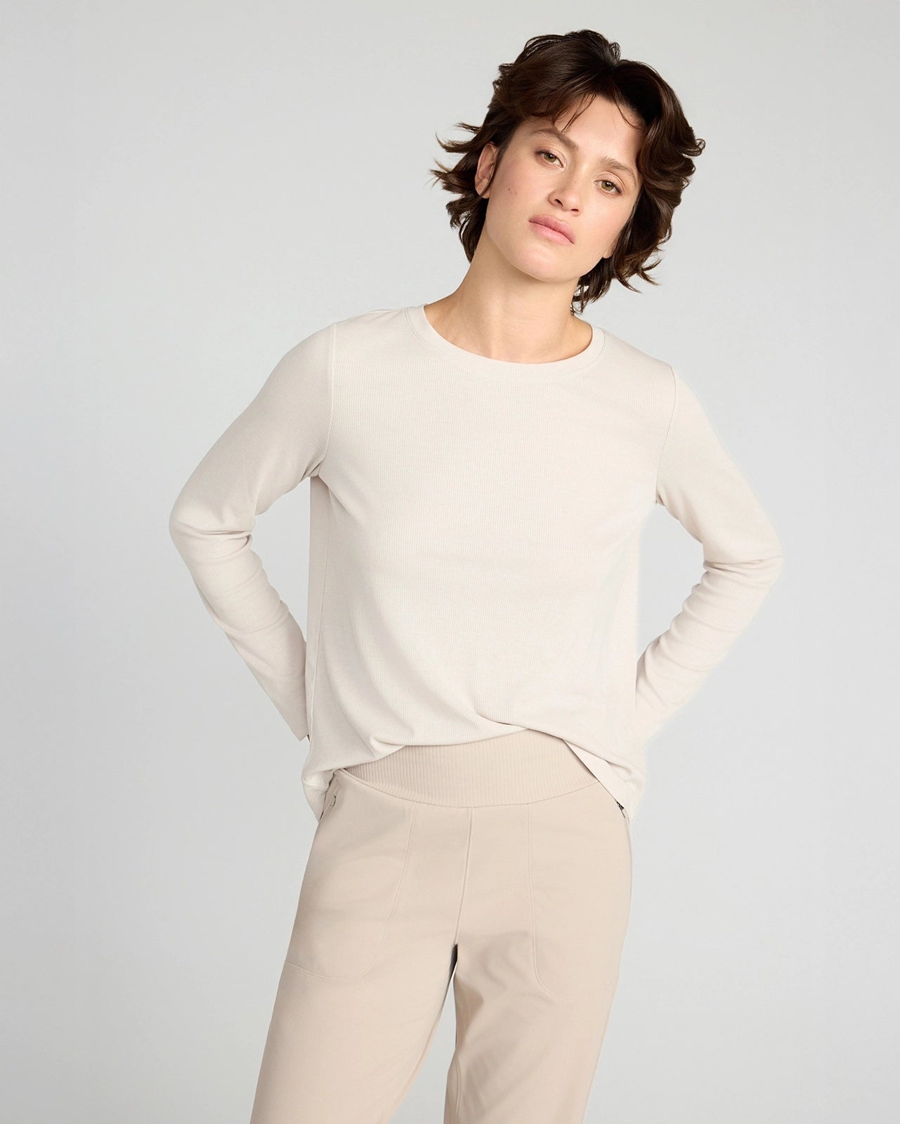 The Soft Ribbed GRS Certified Recycled Poly + TENCEL™ Modal Long Sleeve - Tan Beige