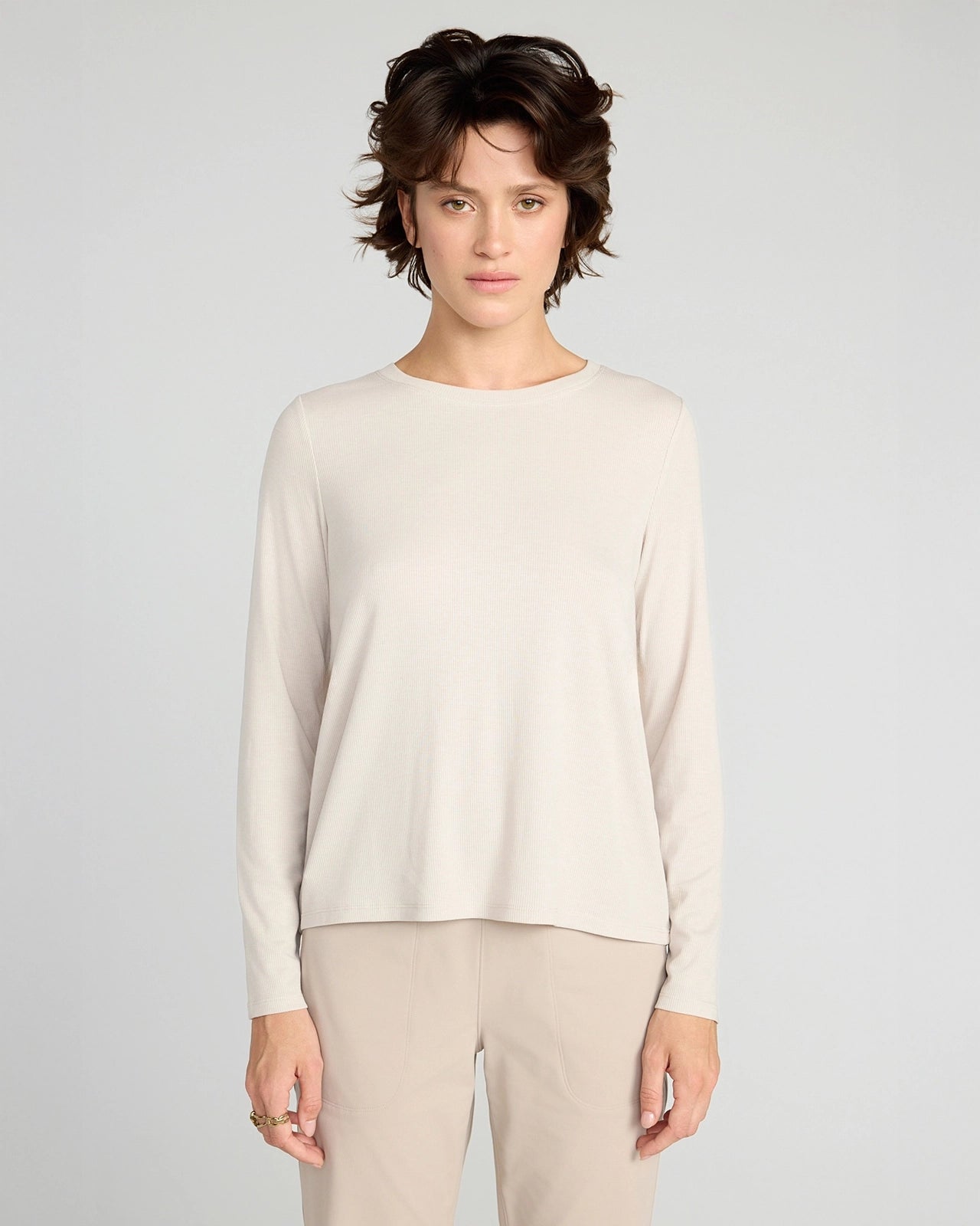 The Soft Ribbed GRS Certified Recycled Poly + TENCEL™ Modal Long Sleeve - Tan Beige