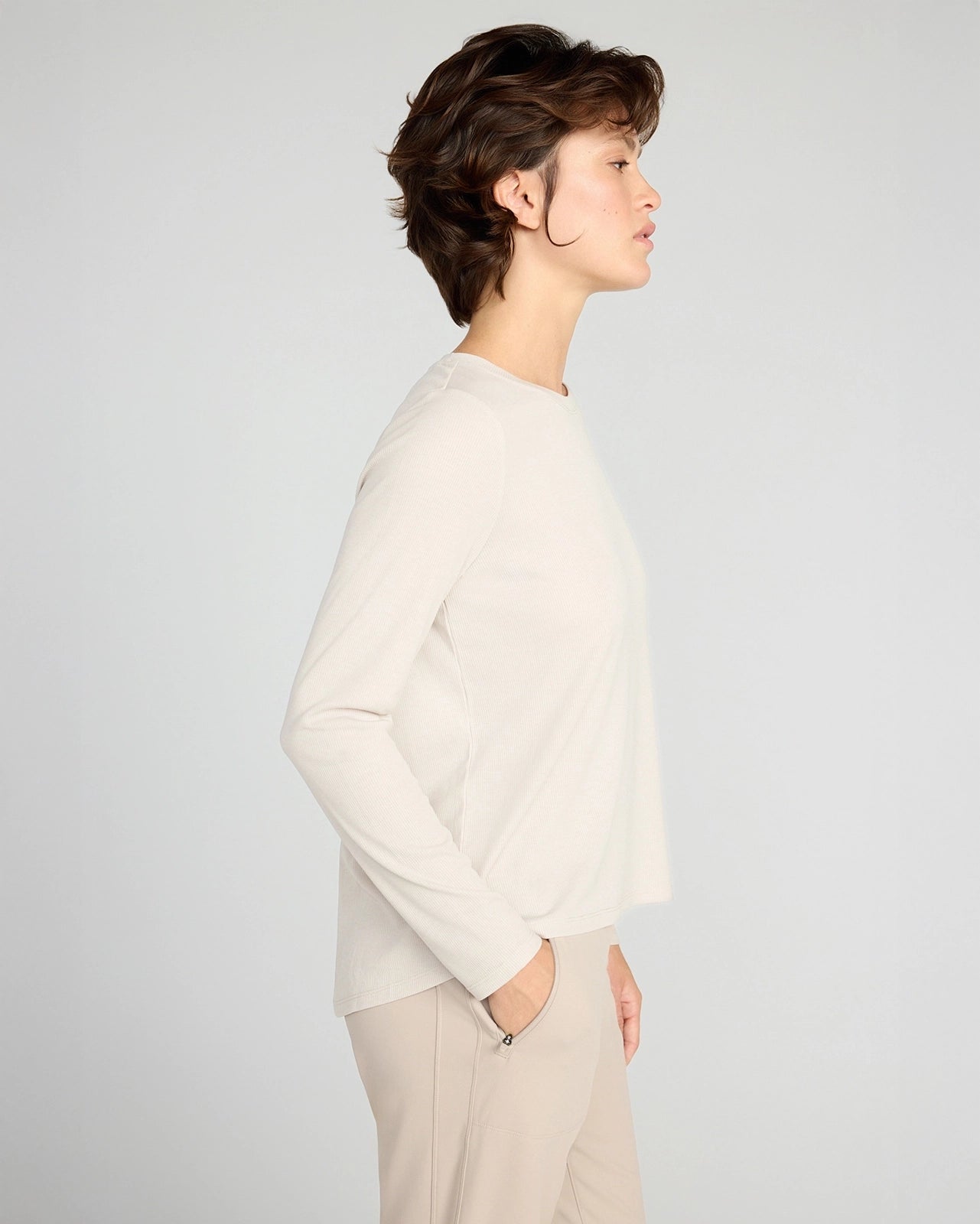 The Soft Ribbed GRS Certified Recycled Poly + TENCEL™ Modal Long Sleeve - Tan Beige
