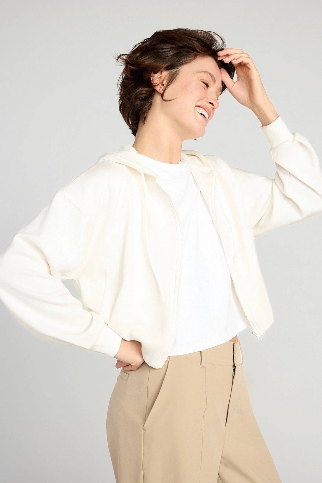 The Double Knit GRS Certified Recycled Poly + Modal Cropped Hoodie - Sugar Swizzle