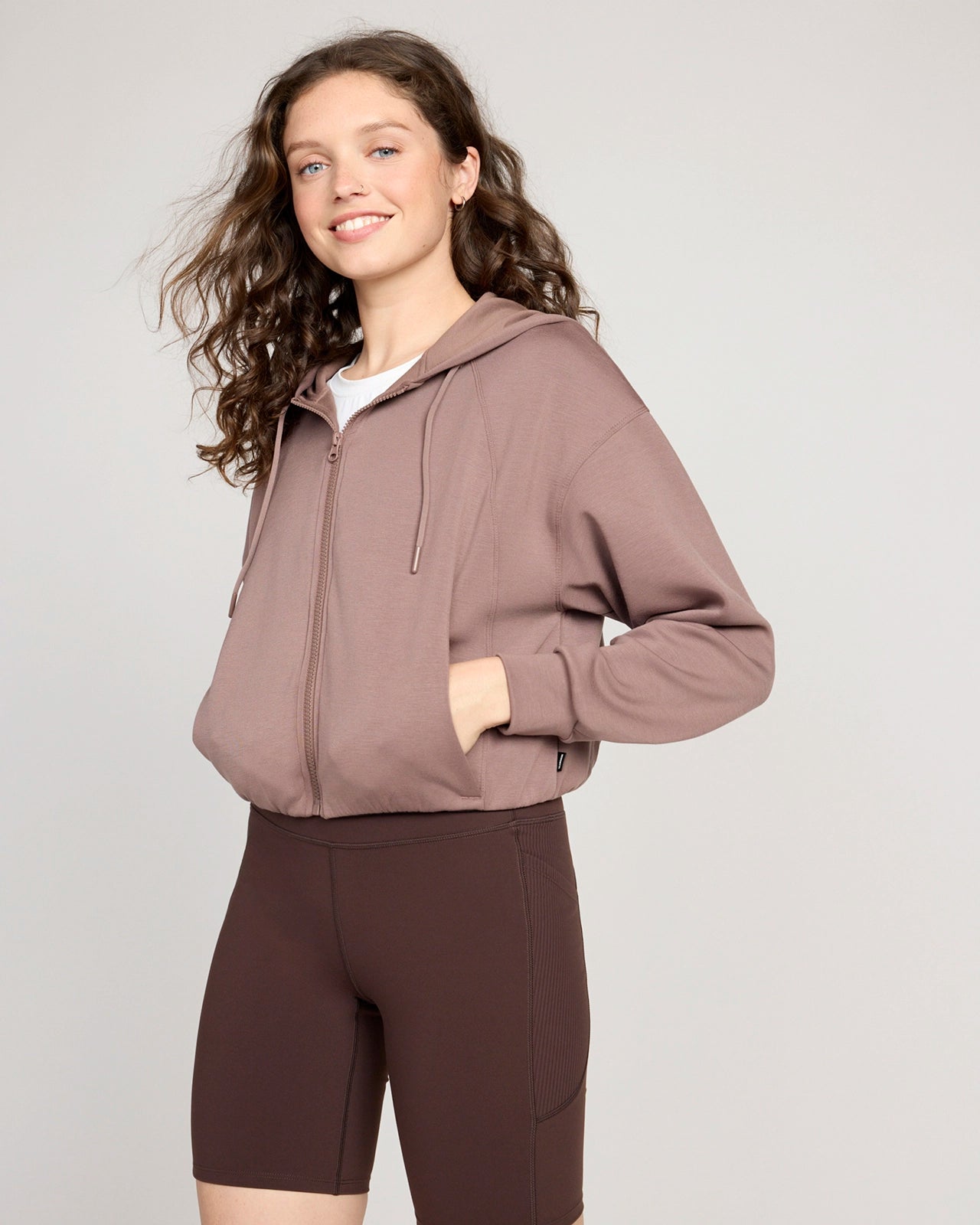 The Double Knit GRS Certified Recycled Poly + TENCEL™ Modal Cropped Hoodie - Deep Taupe