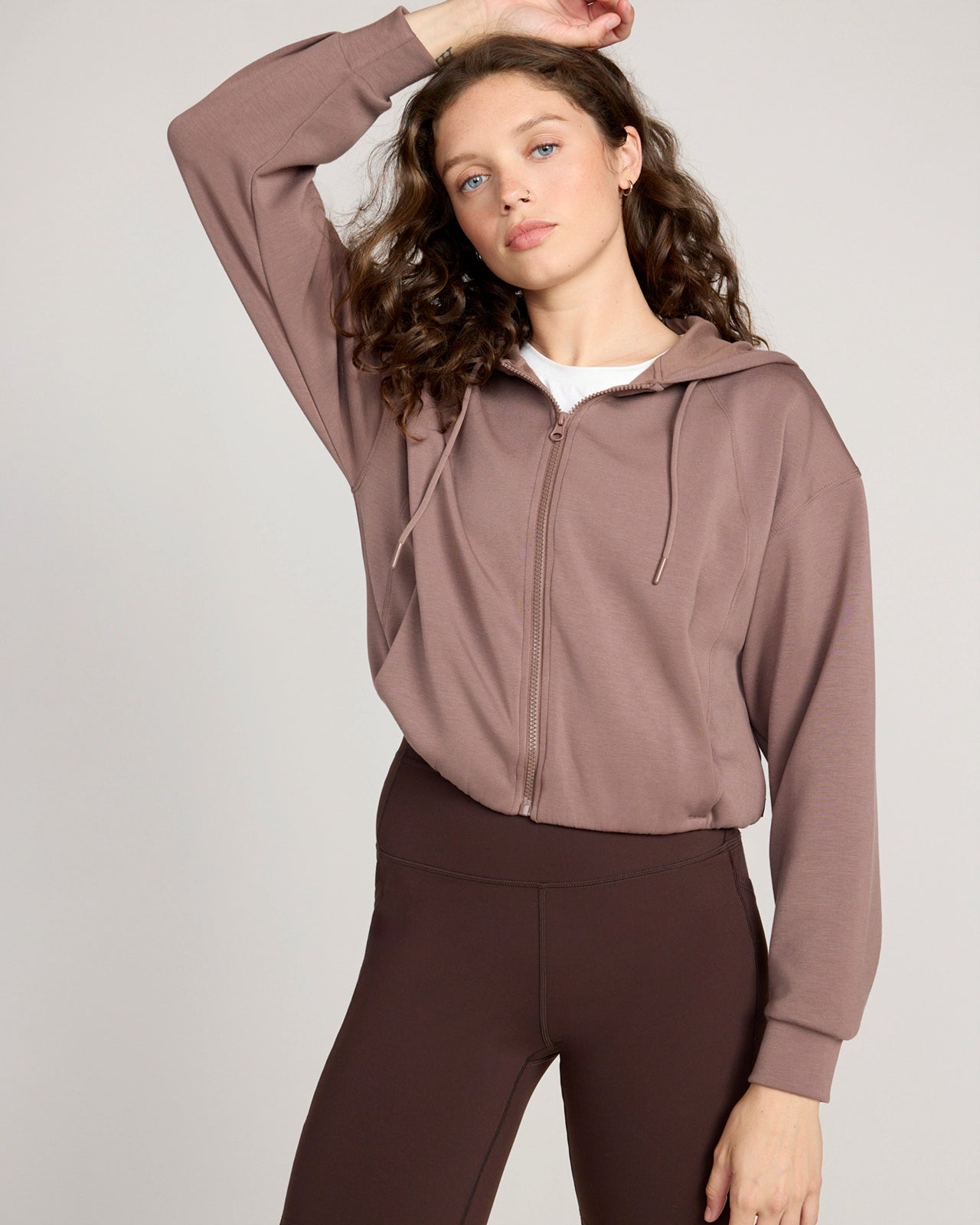 The Double Knit GRS Certified Recycled Poly + TENCEL™ Modal Cropped Hoodie - Deep Taupe