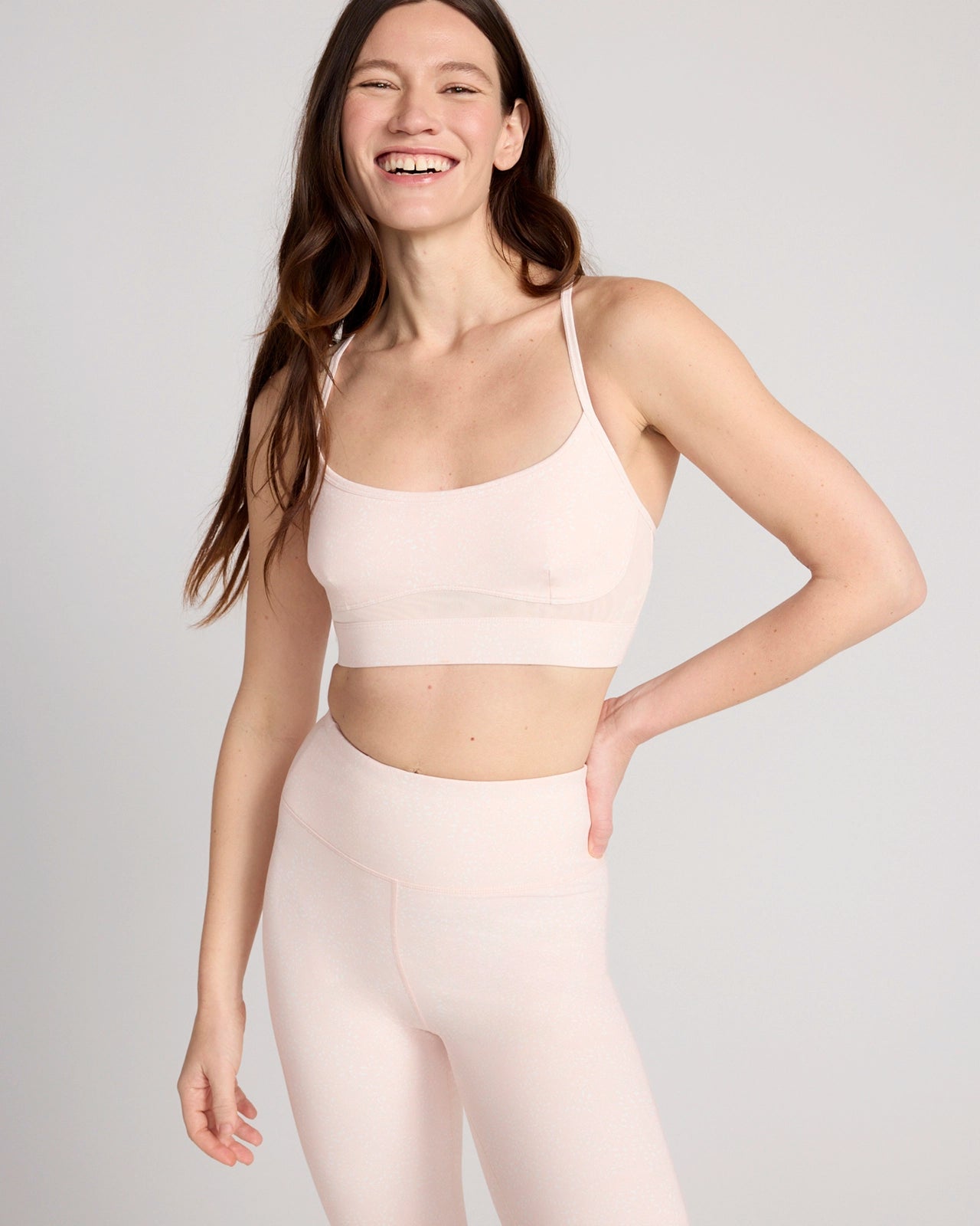 The Active GRS Certified Recycled Poly Printed Cross-Back Bra with Mesh - Light Pink Abstract Dot Print