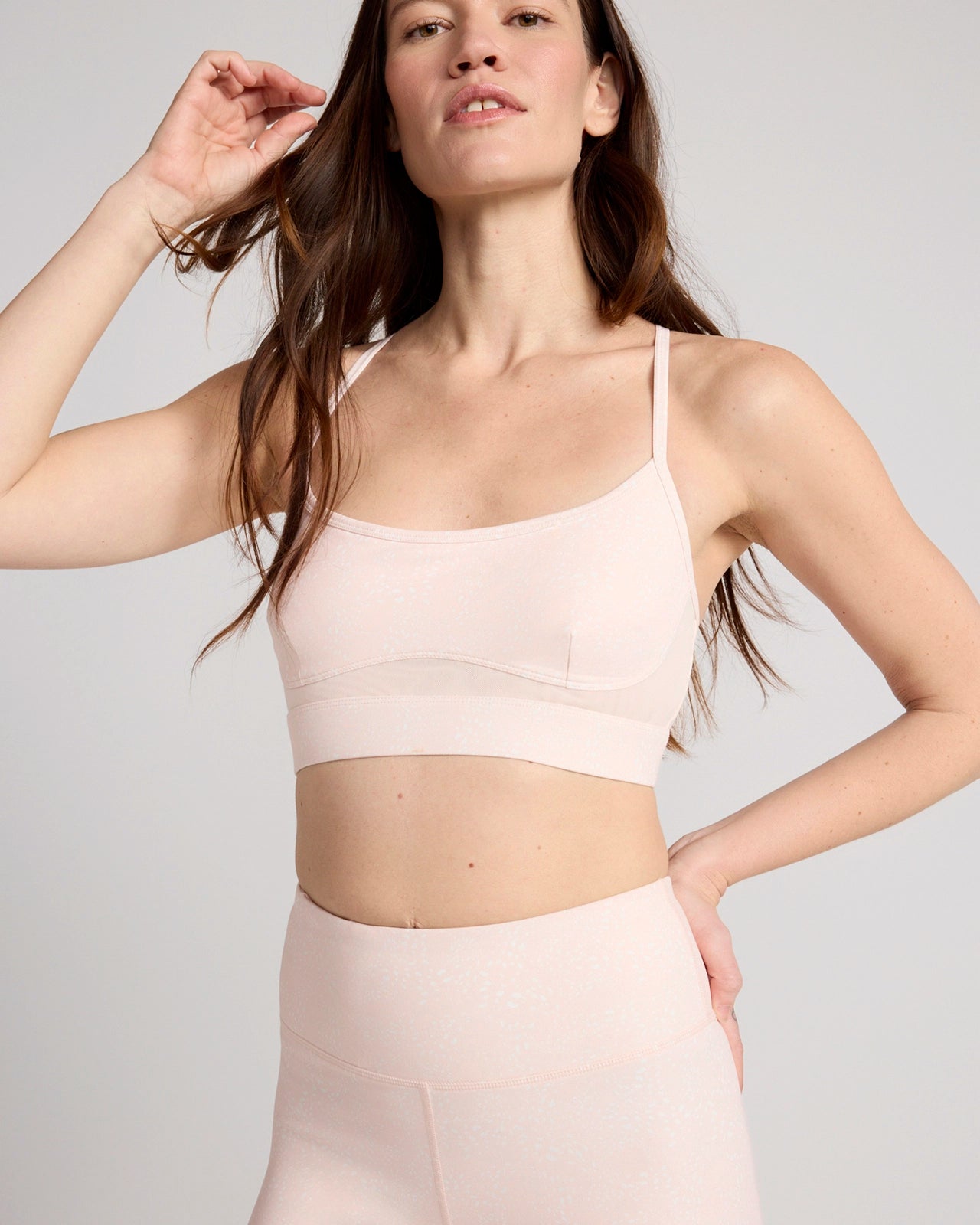 The Active GRS Certified Recycled Poly Printed Cross-Back Bra with Mesh - Light Pink Abstract Dot Print