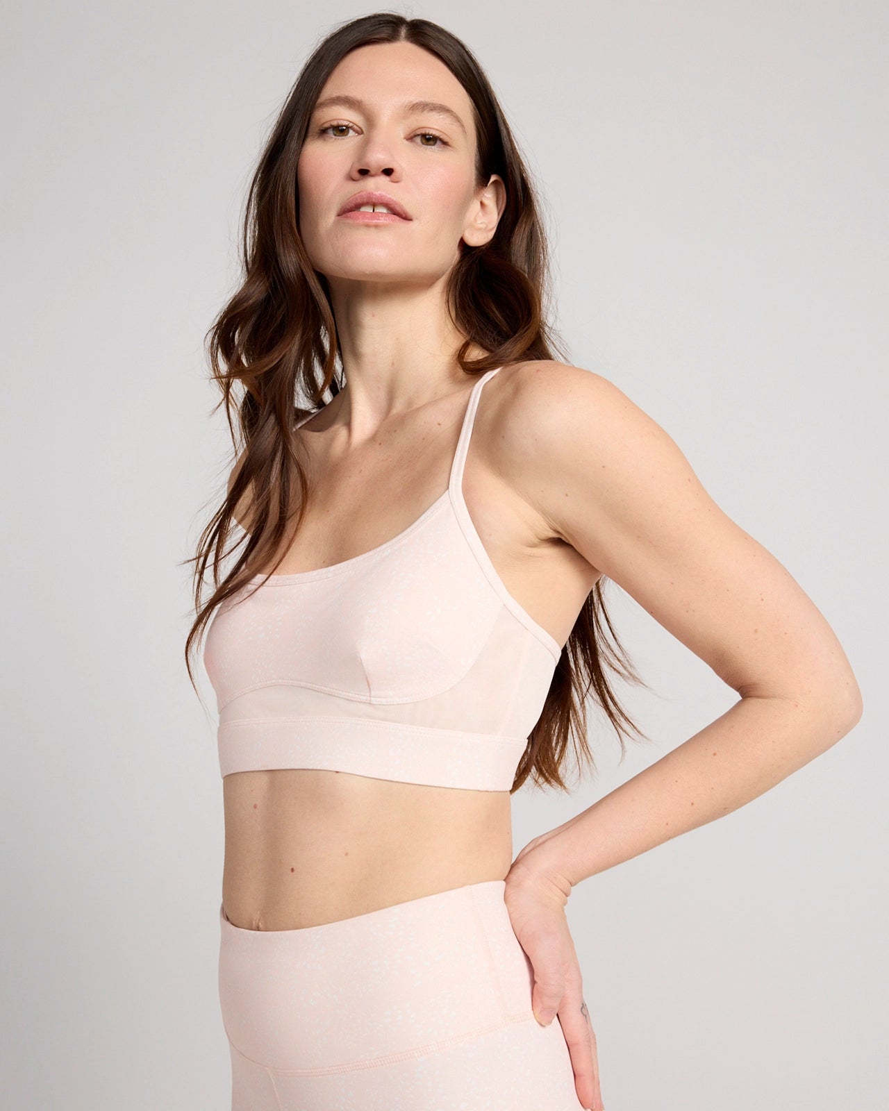 The Active GRS Certified Recycled Poly Printed Cross-Back Bra with Mesh - Light Pink Abstract Dot Print