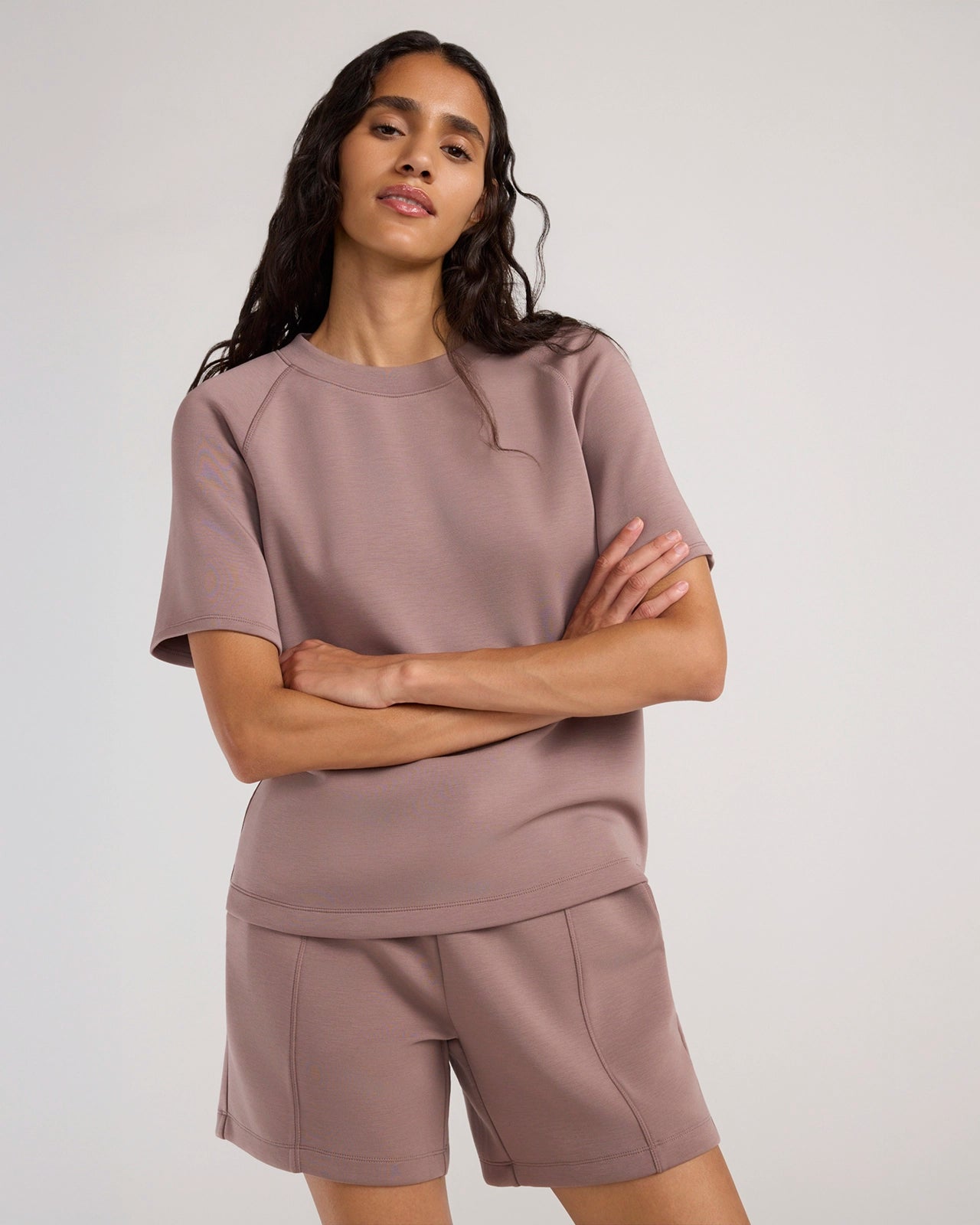 For general description, go to 'Main Product Description' region - The Soft Tech Fleece Short Sleeve Top - Deep Taupe