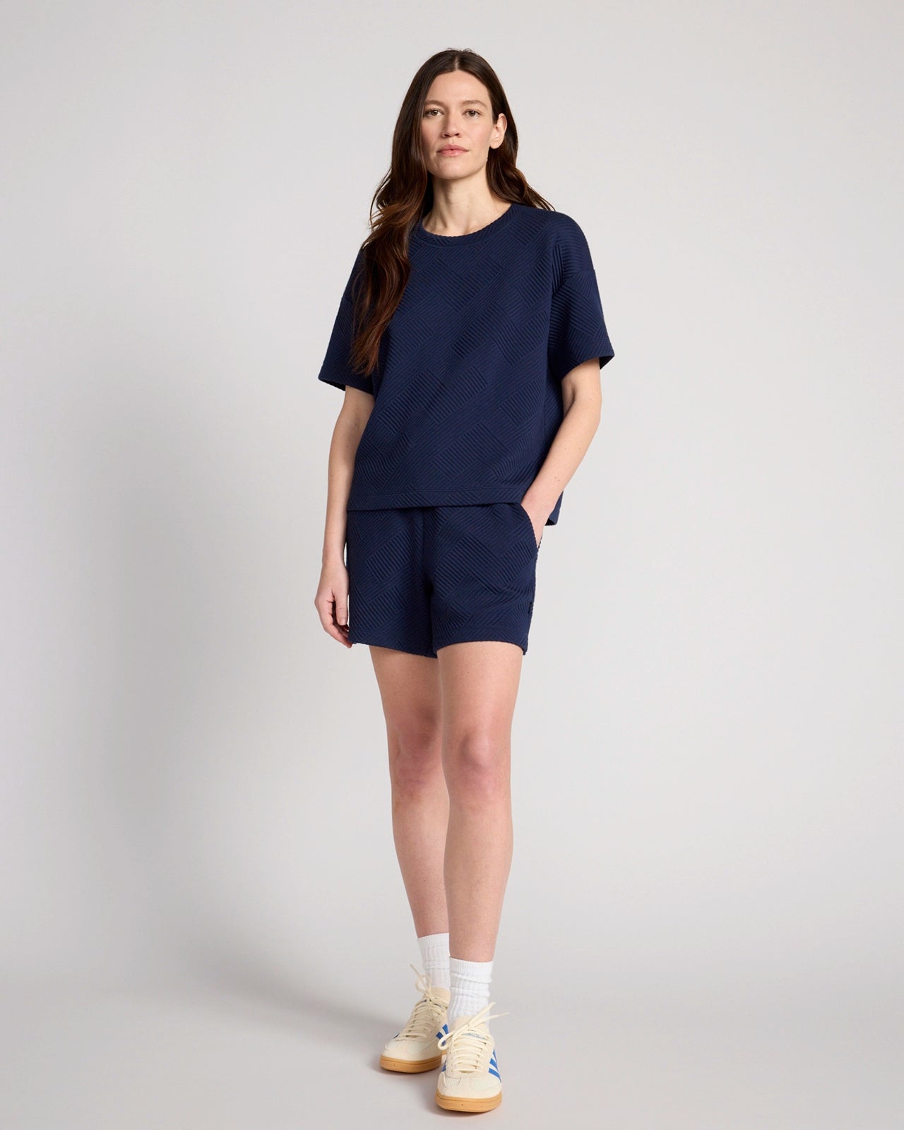 The Soft Stretch GRS Certified Recycled Poly Geo Jacquard Crew Neck Top - Navy Blazer