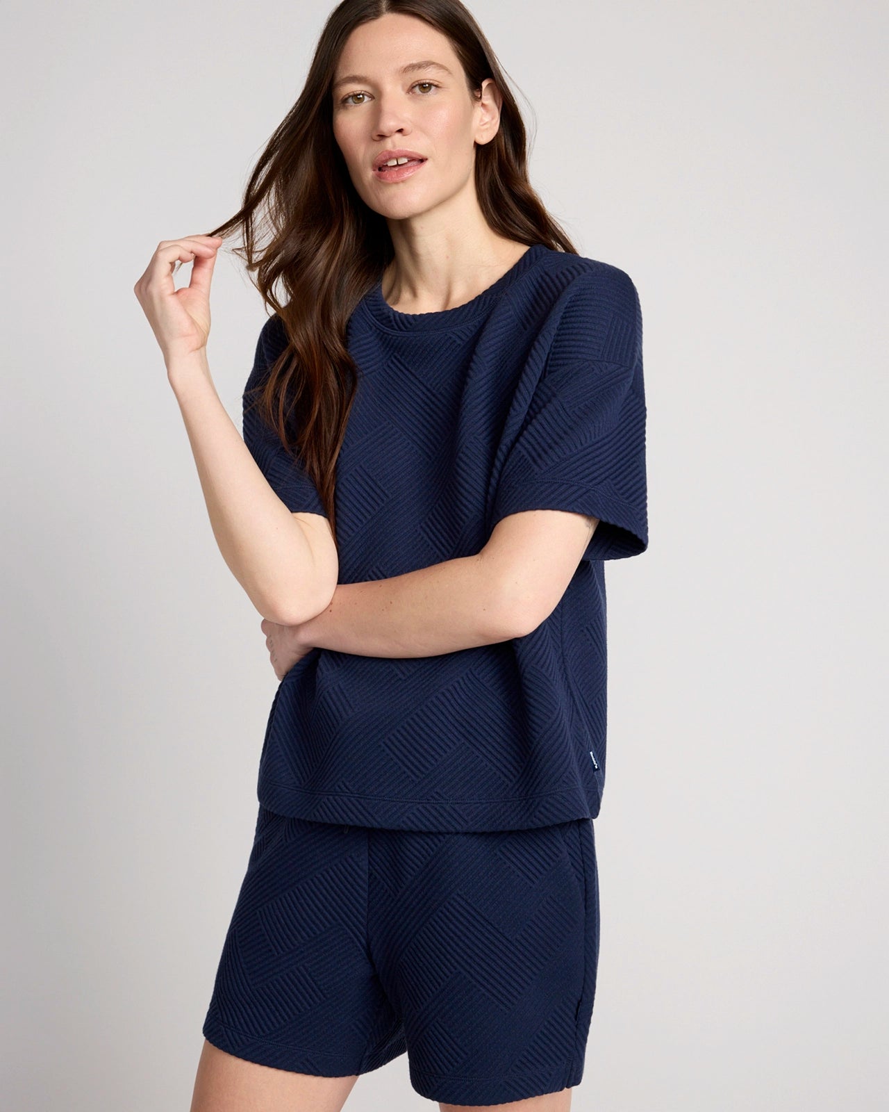 The Soft Stretch GRS Certified Recycled Poly Geo Jacquard Crew Neck Top - Navy Blazer