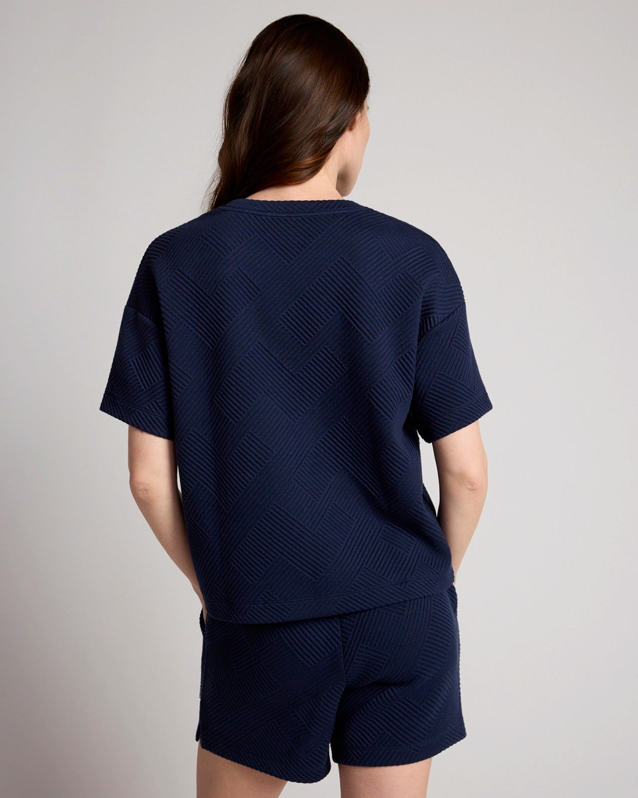 The Soft Stretch GRS Certified Recycled Poly Geo Jacquard Crew Neck Top - Navy Blazer