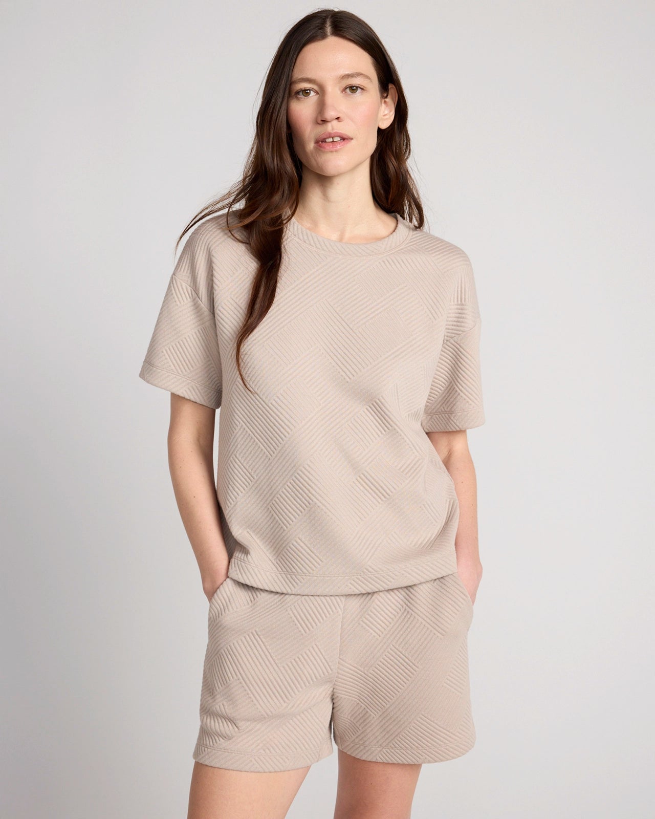 The Soft Stretch GRS Certified Recycled Poly Geo Jacquard Crew Neck Top - Atmosphere Beige