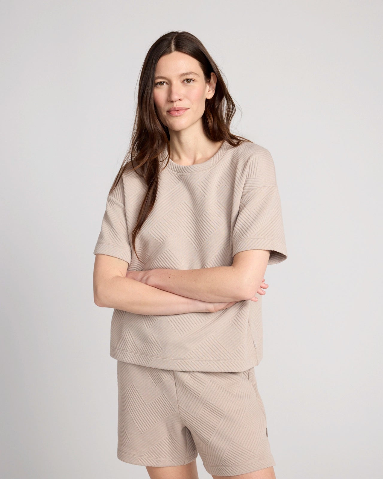 The Soft Stretch GRS Certified Recycled Poly Geo Jacquard Crew Neck Top - Atmosphere Beige