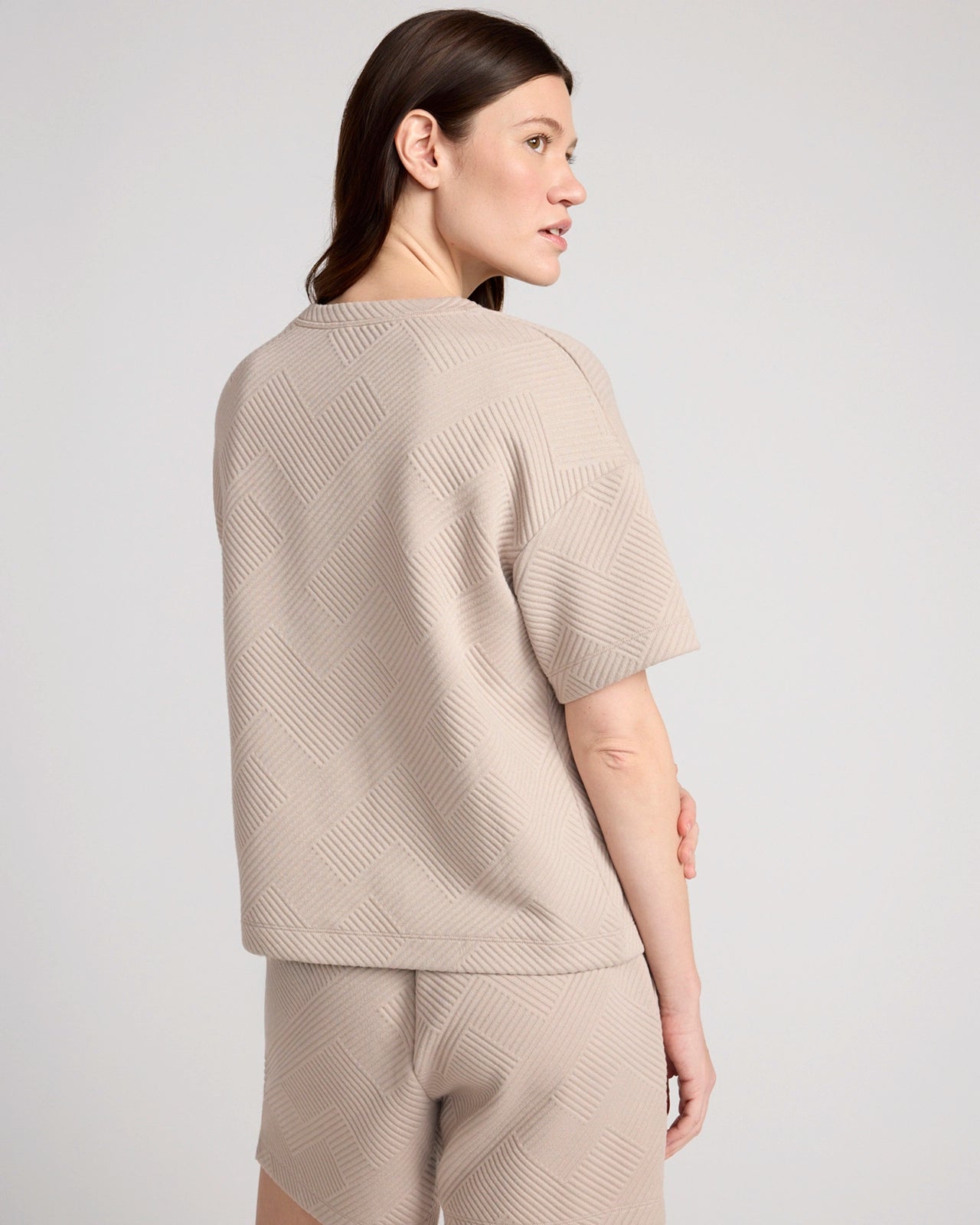 The Soft Stretch GRS Certified Recycled Poly Geo Jacquard Crew Neck Top - Atmosphere Beige