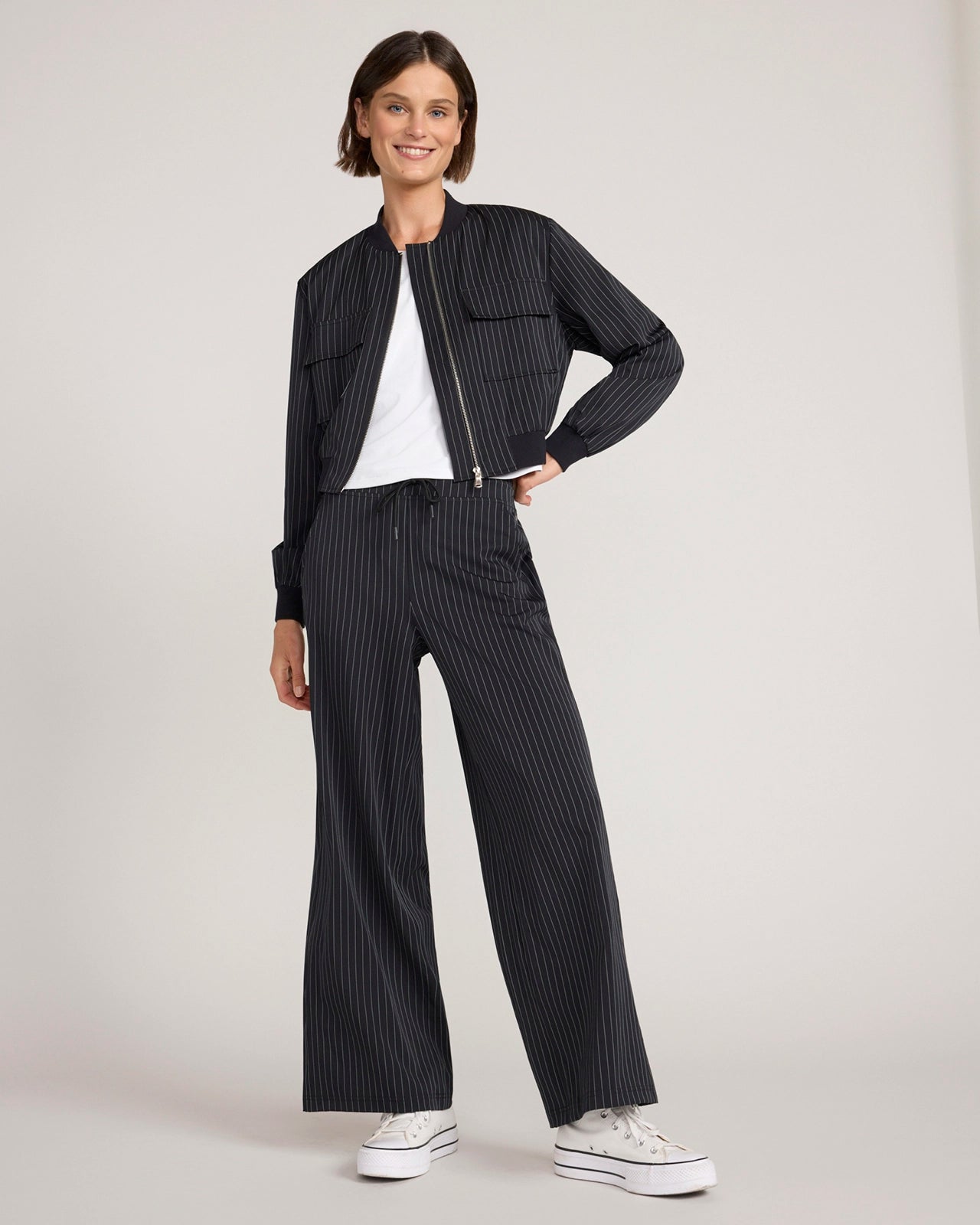 The Soft Stretch Pinstripe Cropped Jacket - Black Pinstripe