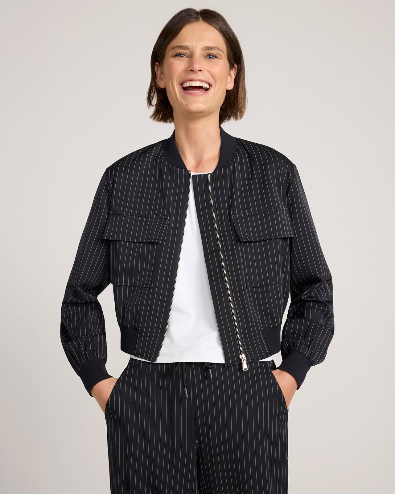 The Soft Stretch Pinstripe Cropped Jacket - Black Pinstripe