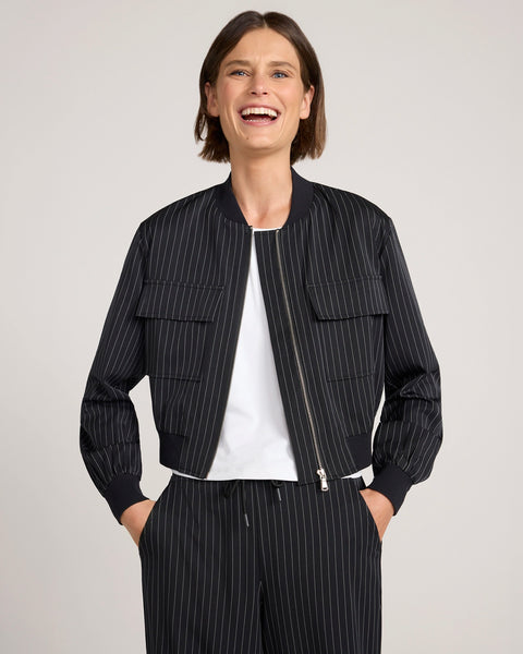 The Soft Stretch Pinstripe Cropped Jacket - Black Pinstripe | Mondetta