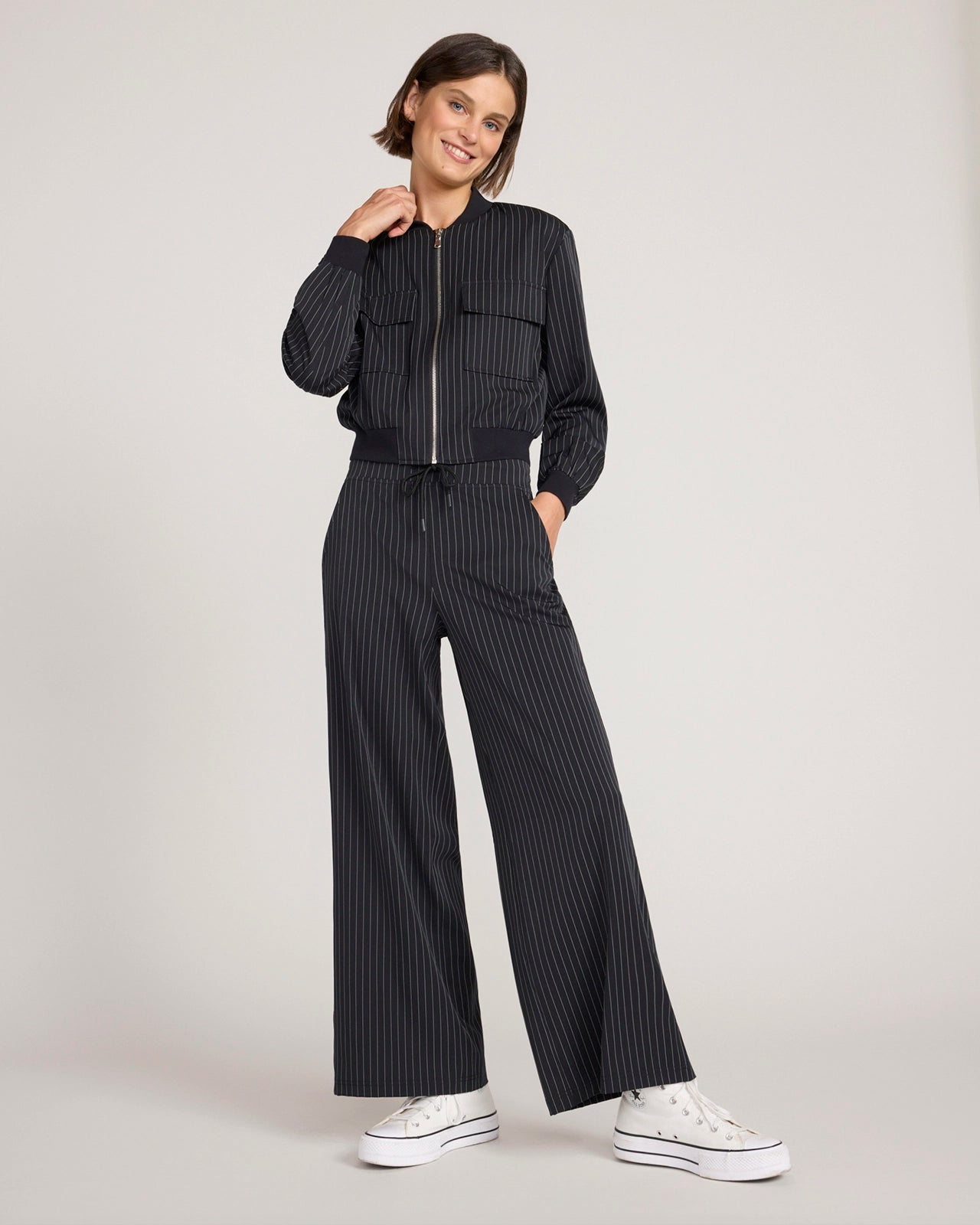 The Soft Stretch Pinstripe Cropped Jacket - Black Pinstripe
