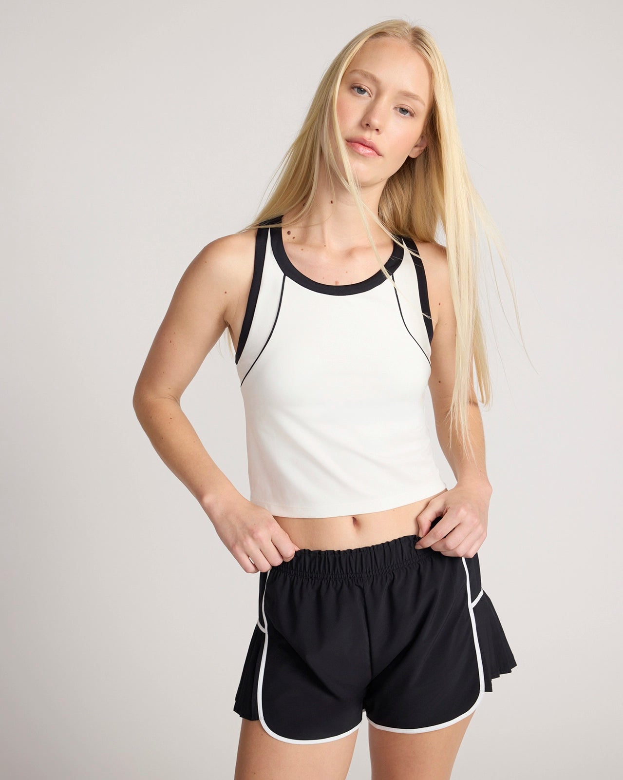 The Active Colour Blocked Cropped Shelf Bra Tank - Coconut Milk/Black