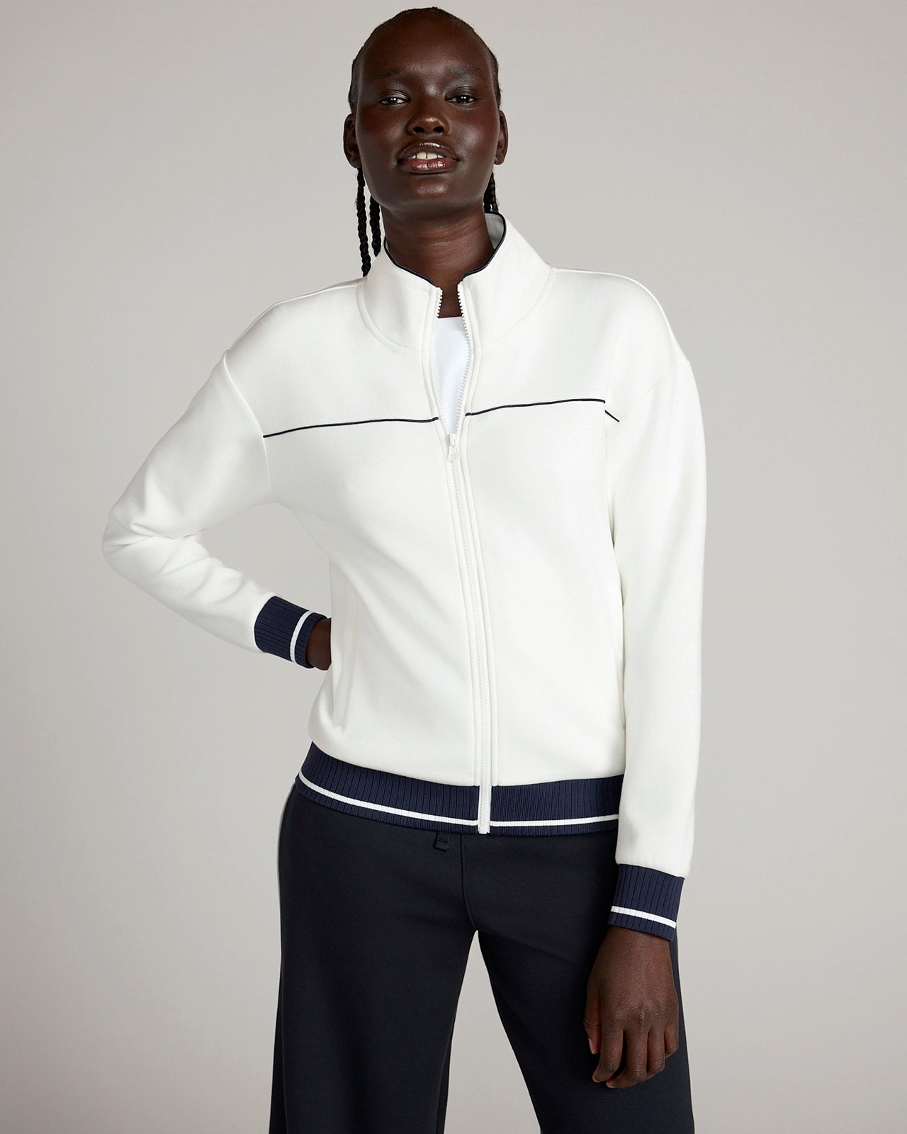 The Soft Luxe GRS Certified Recycled Poly TENCEL™ Modal Double Knit Zip Up Jacket - Coconut Milk