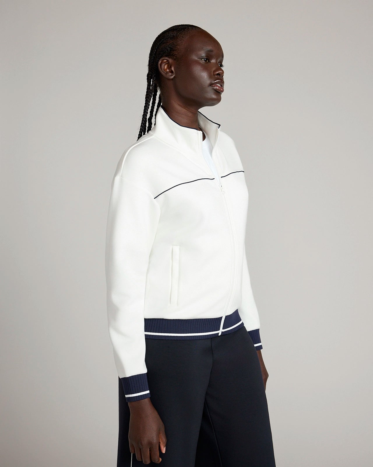 The Soft Luxe GRS Certified Recycled Poly TENCEL™ Modal Double Knit Zip Up Jacket - Coconut Milk