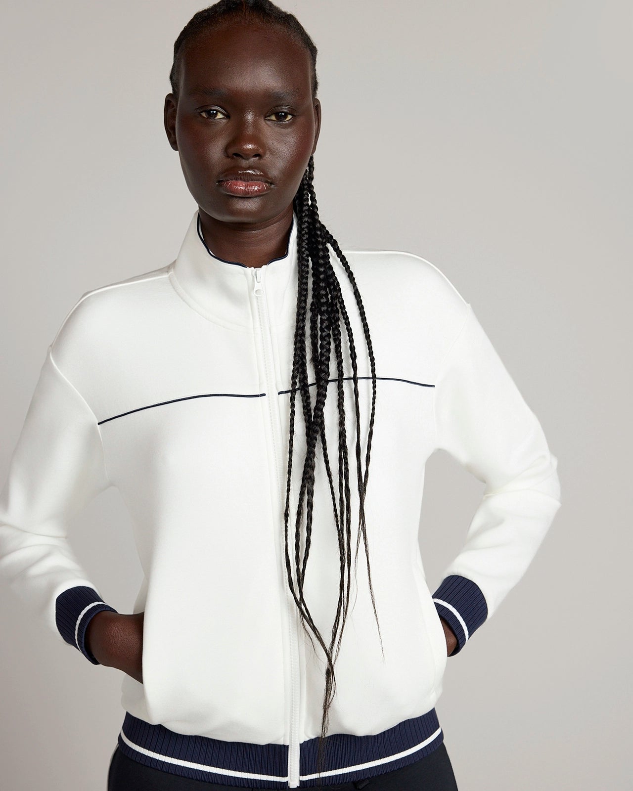 The Soft Luxe GRS Certified Recycled Poly TENCEL™ Modal Double Knit Zip Up Jacket - Coconut Milk